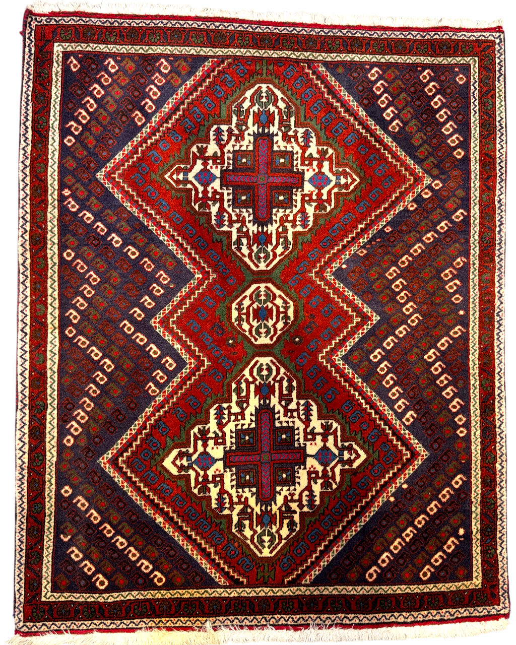 Tappeto persiano Afshar 120x94 cm blu e rosso con medaglioni geometrici