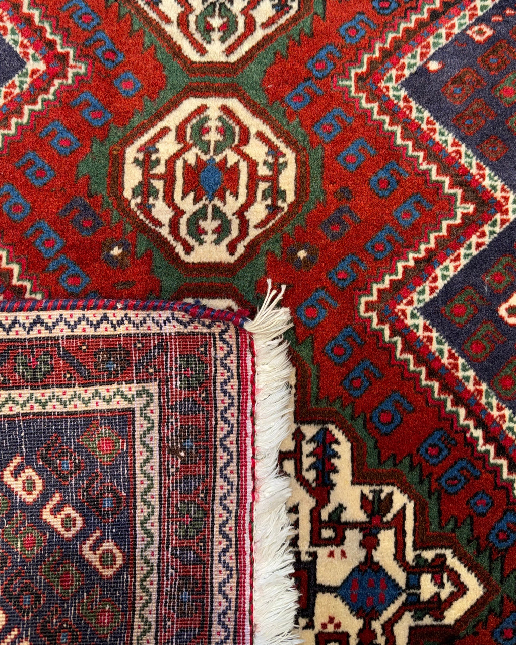 Tappeto persiano Afshar 120x94 cm blu e rosso con medaglioni geometrici