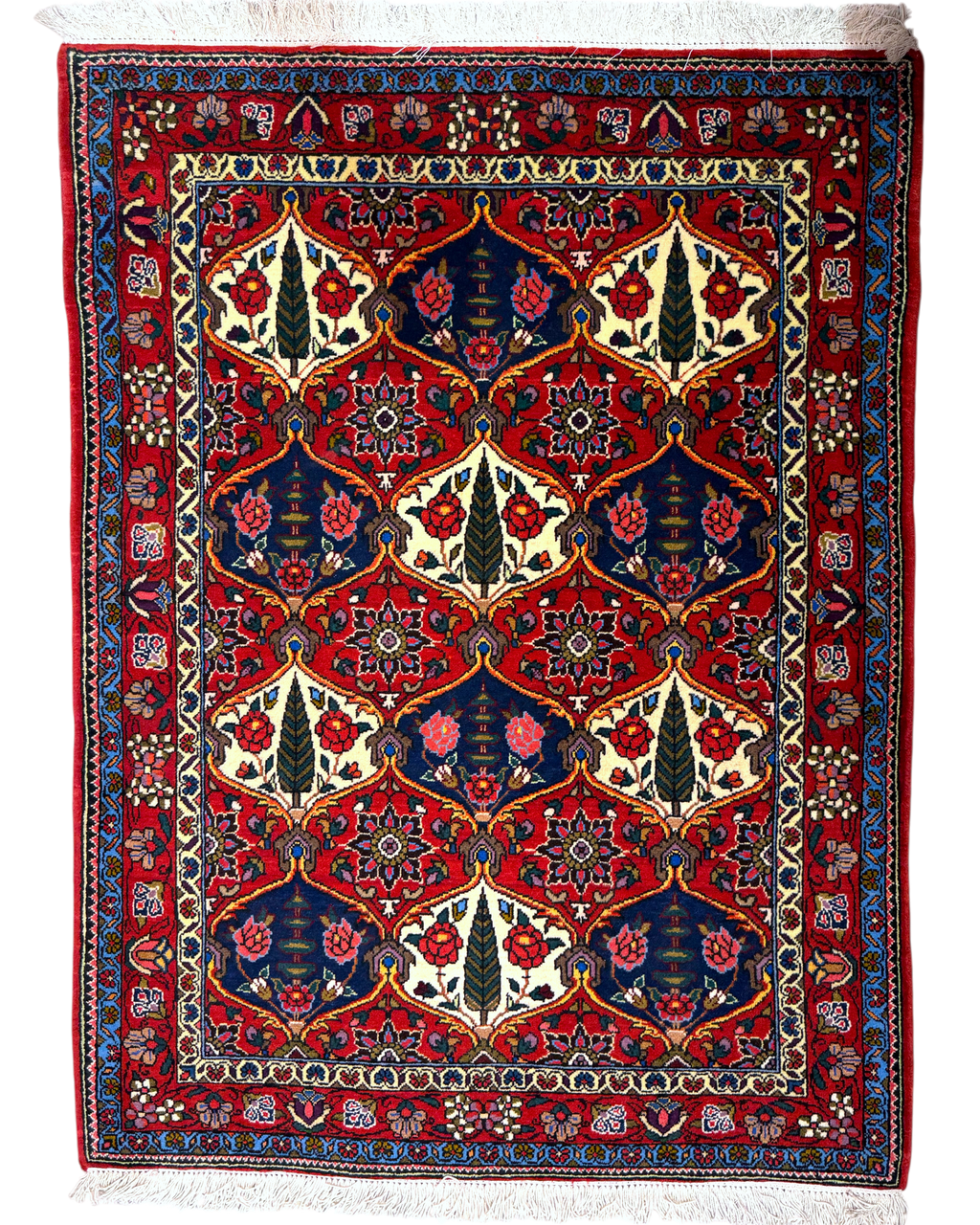 Tappeto persiano Baktiari 138x104 cm rosso e blu con motivi floreali geometrici