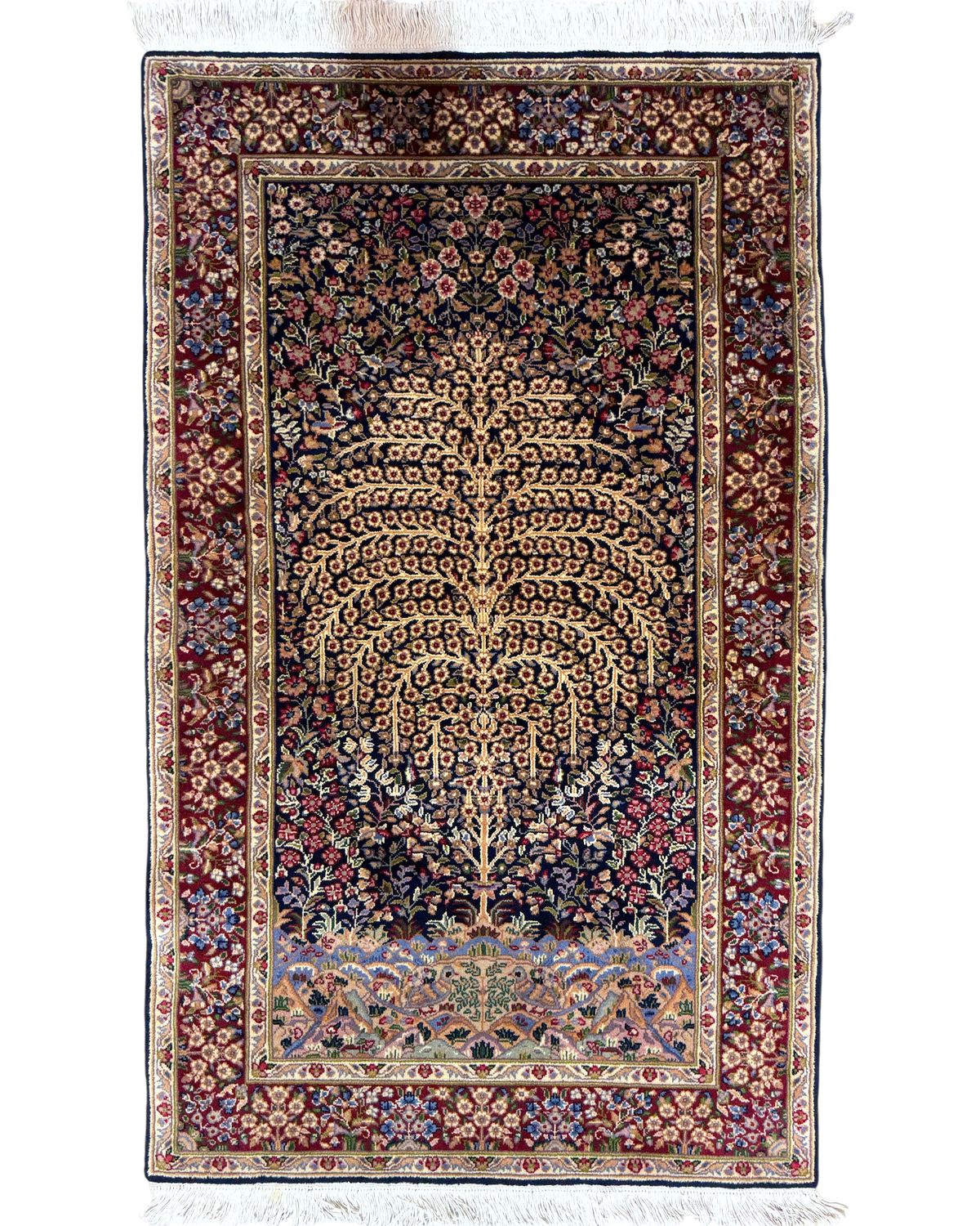 Tappeto persiano Berkana 152x92 cm blu con motivo ad albero e bordura bordeaux