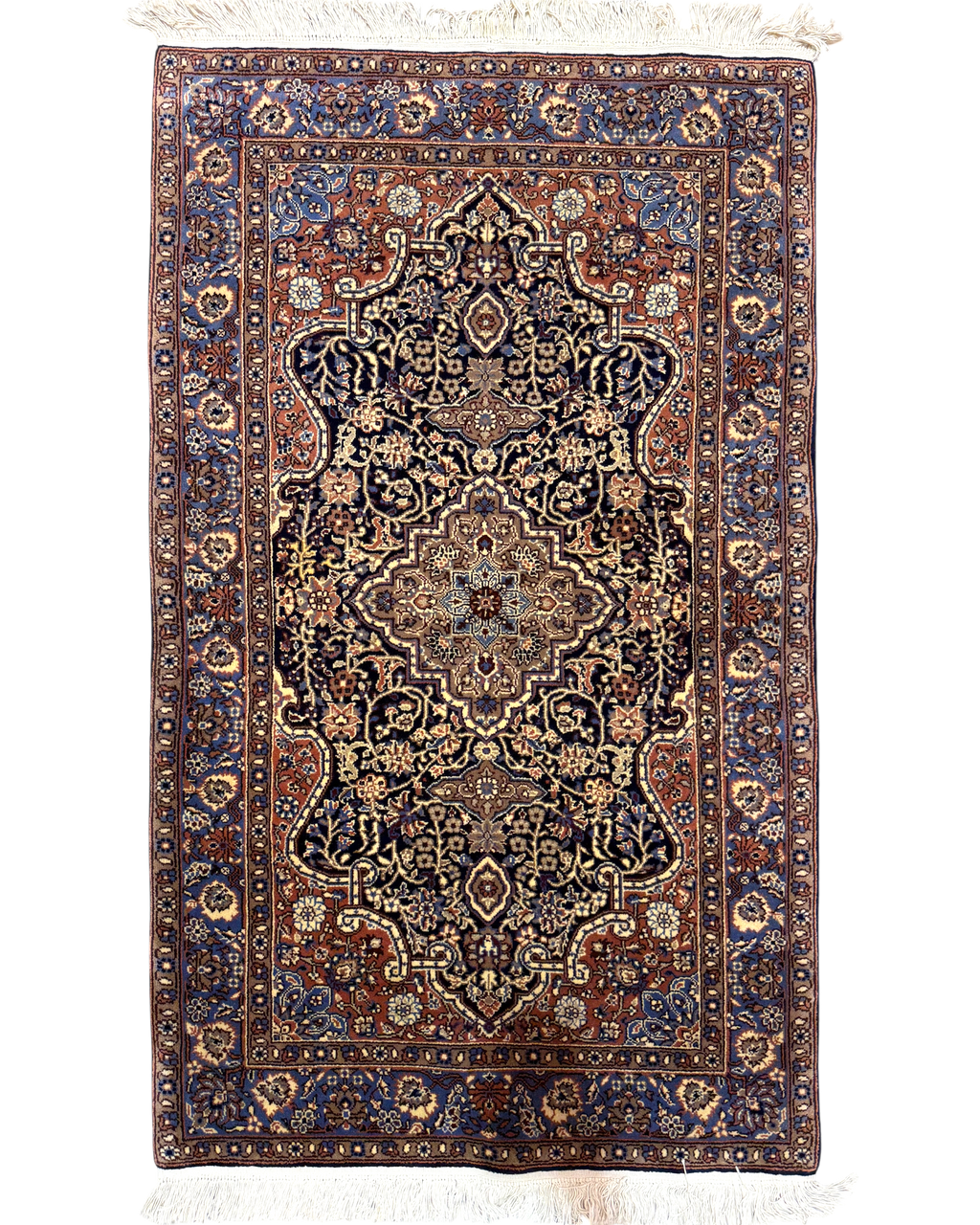 Tappeto Berkana 153x92 cm blu e marrone con medaglione centrale