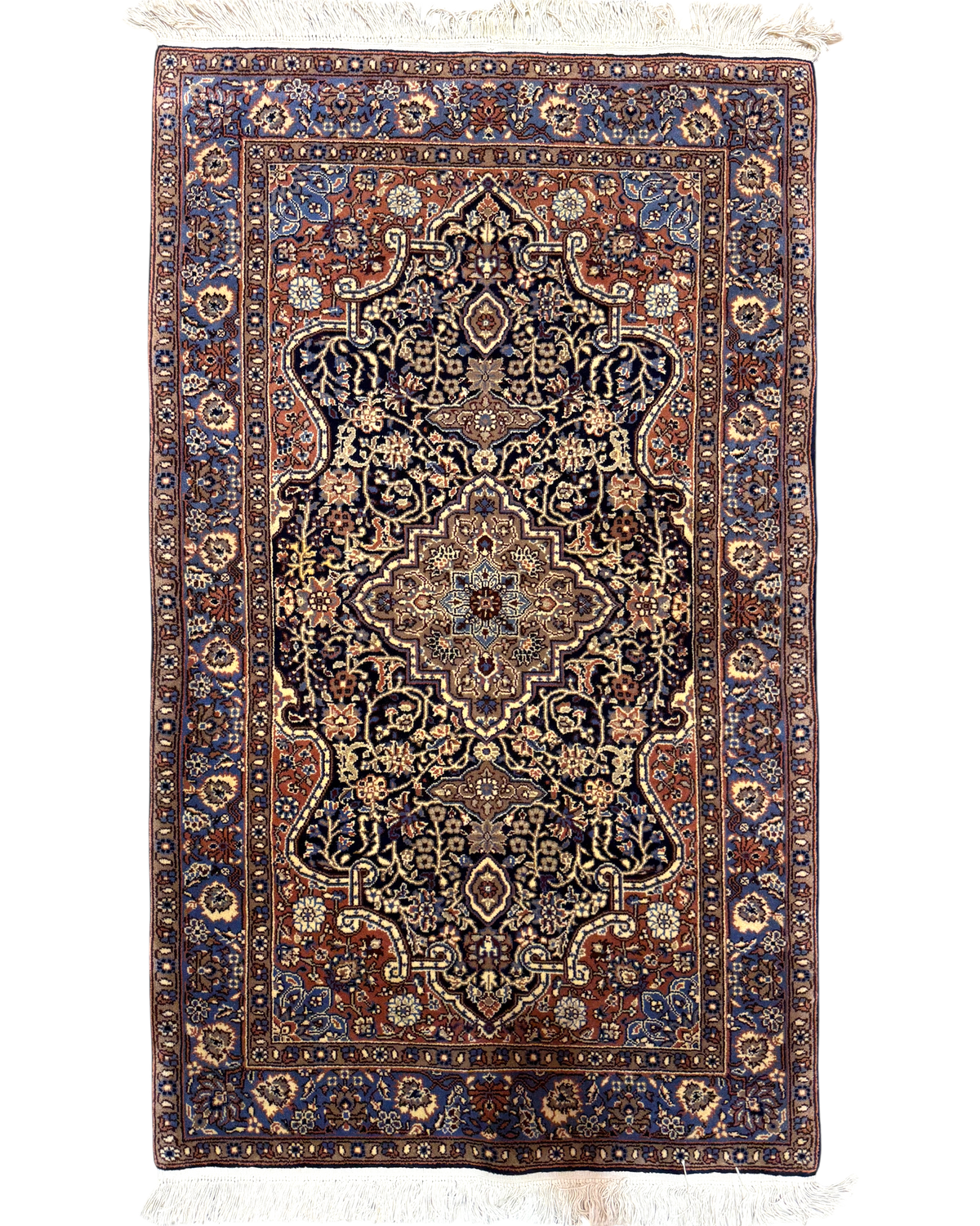 Tappeto Berkana 153x92 cm blu e marrone con medaglione centrale