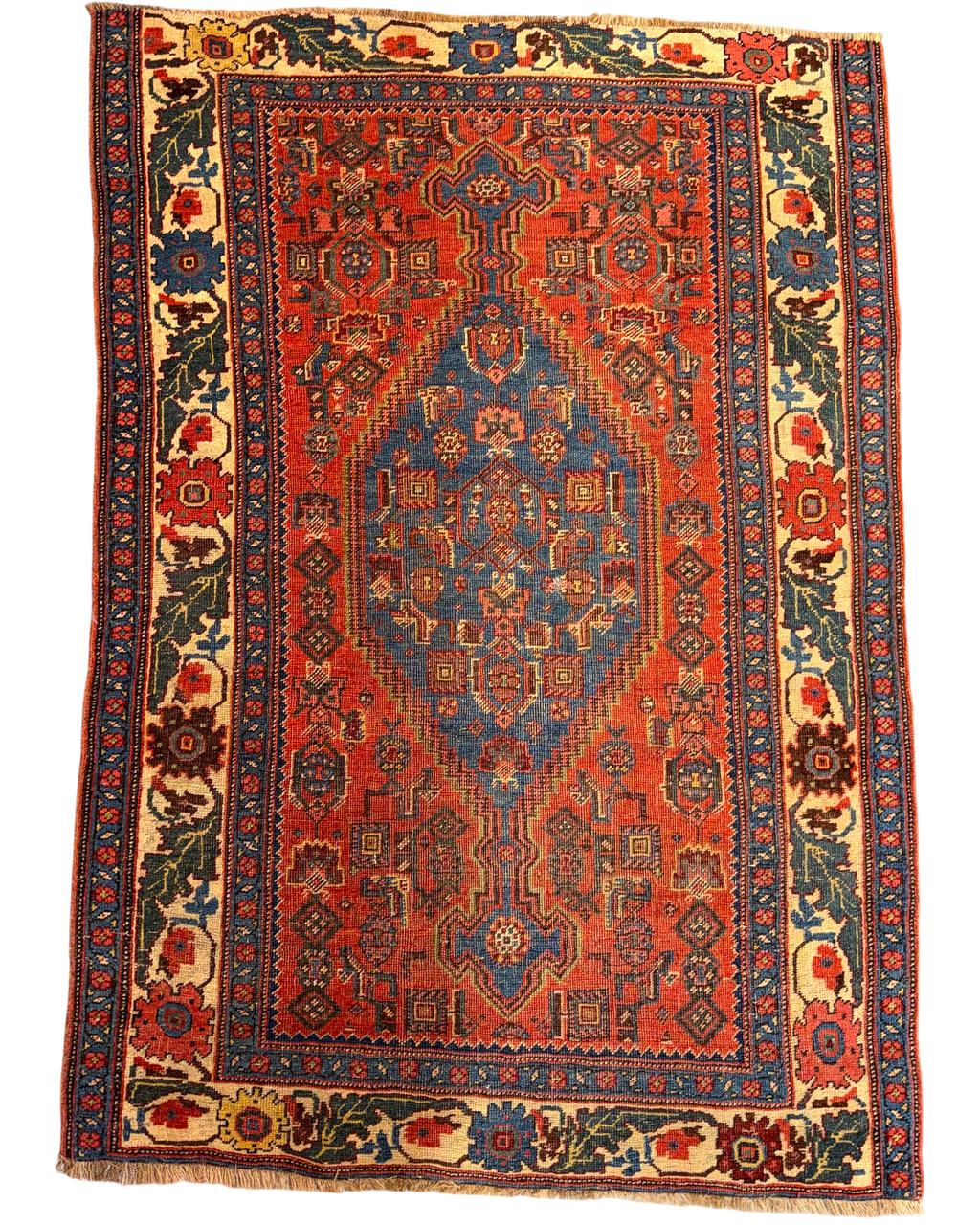 Tappeto persiano Bijar antico 133x98 cm rosso con medaglione blu