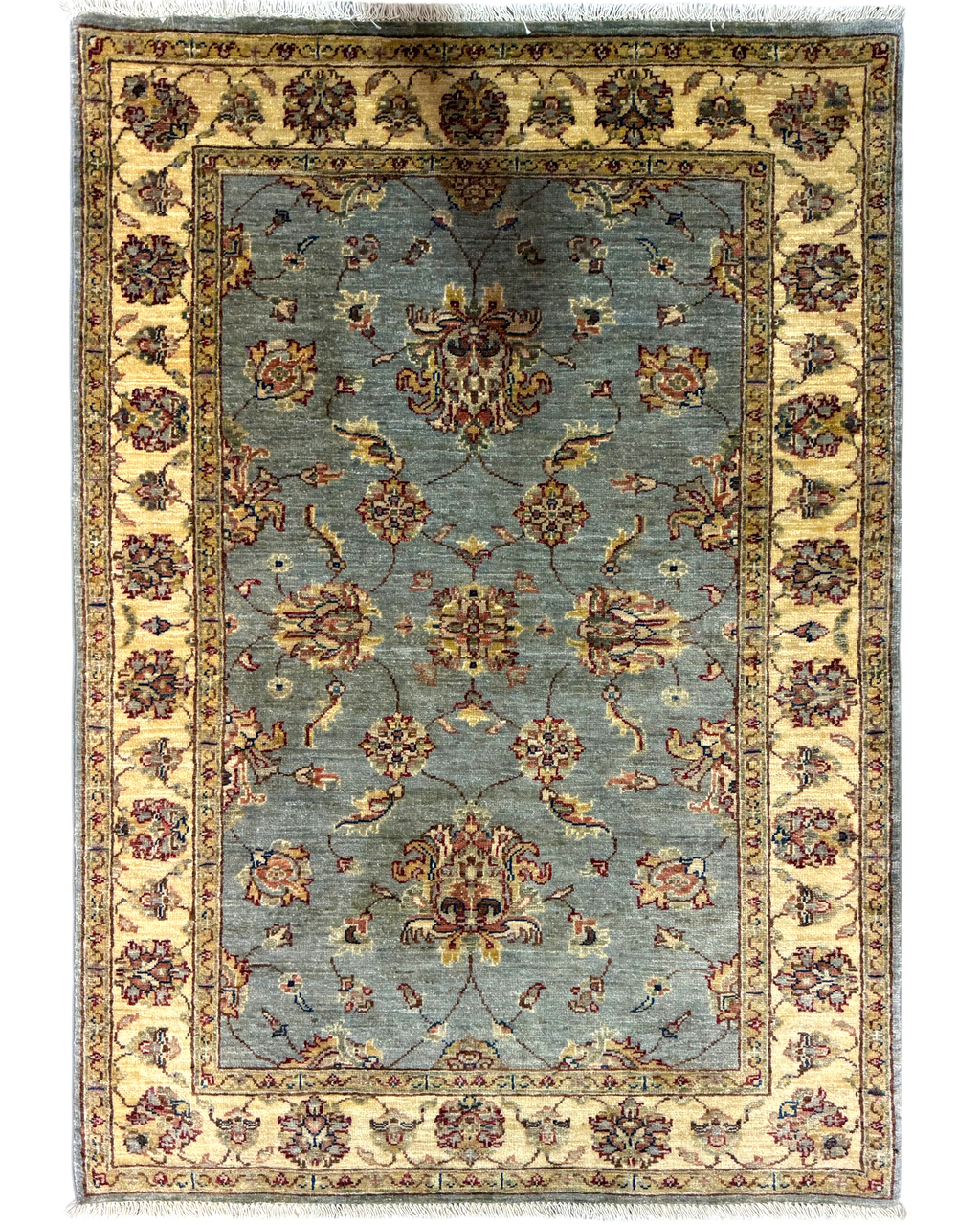 Tappeto Choobi 146x101 cm azzurro con bordura crema e motivi floreali