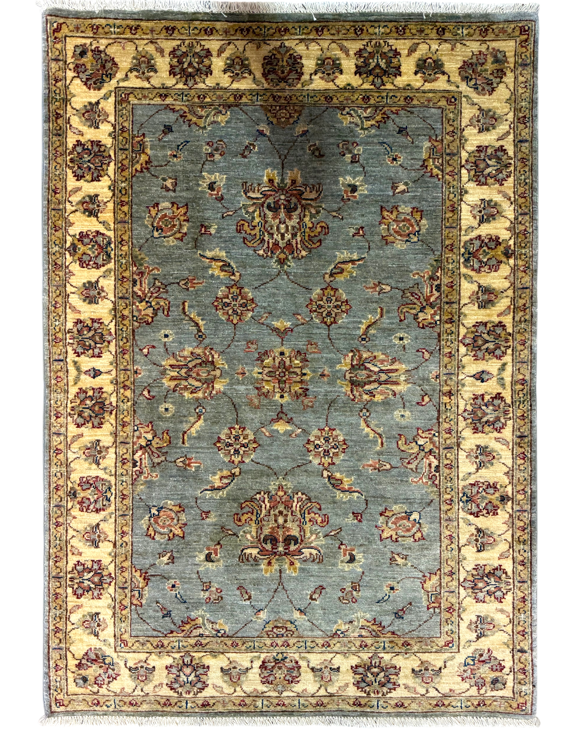 Tappeto Choobi 146x101 cm azzurro con bordura crema e motivi floreali