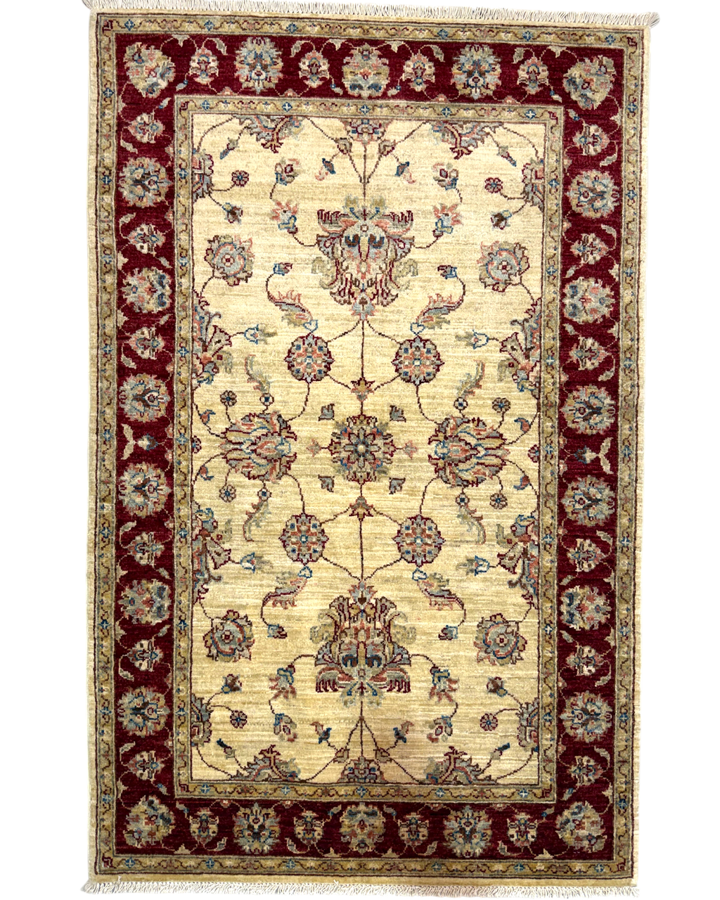 Tappeto Choobi 149x94 cm beige con bordura rosso scuro e motivi floreali