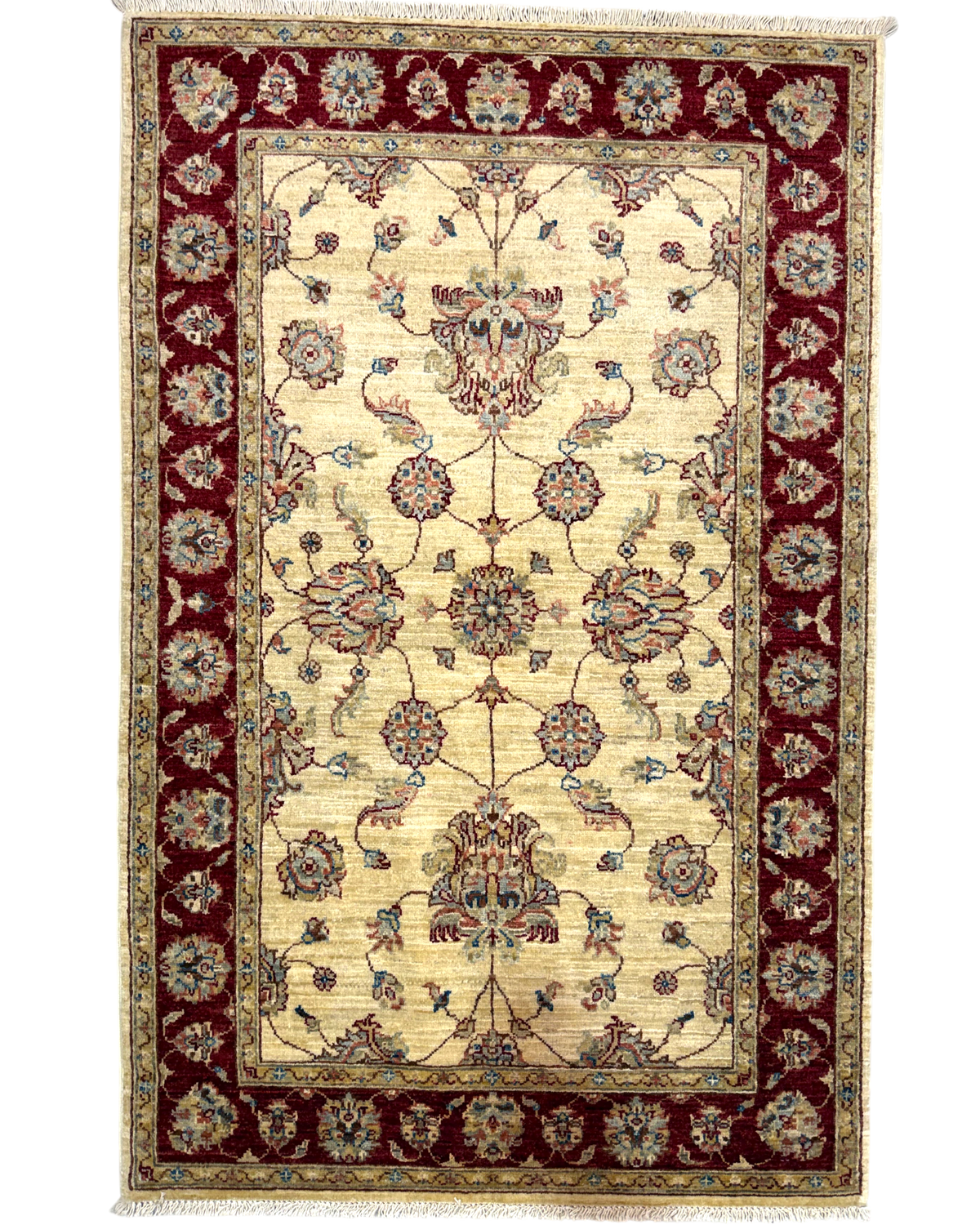 Tappeto Choobi 149x94 cm beige con bordura rosso scuro e motivi floreali