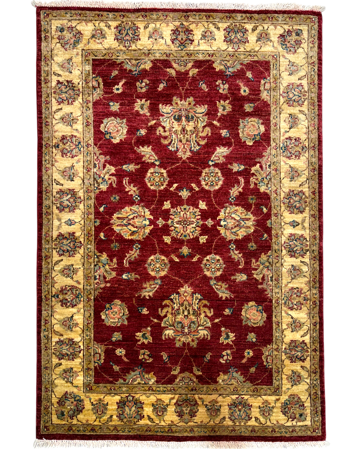 Tappeto Choobi 151x99 cm rosso con motivi floreali e bordura avorio