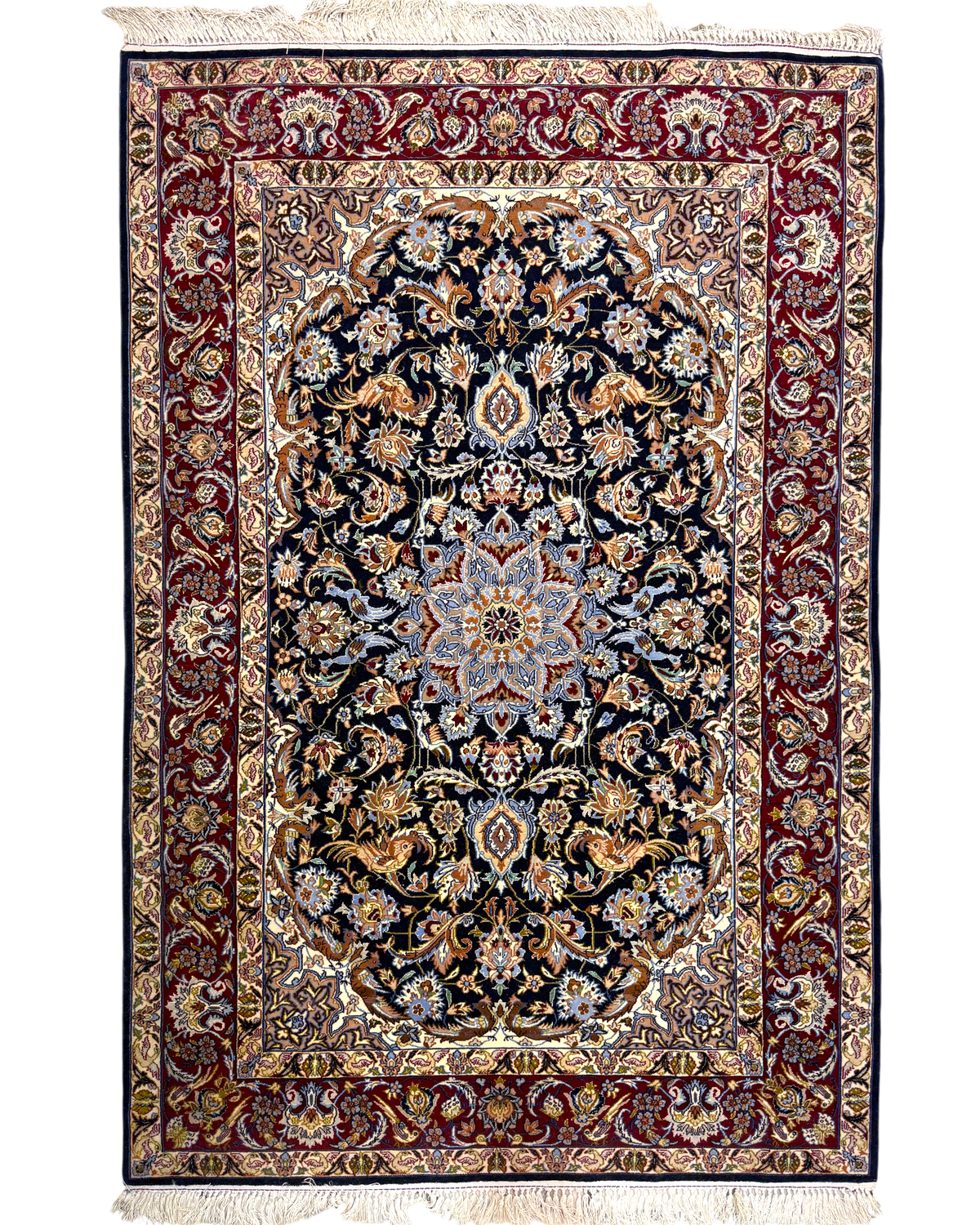 Tappeto persiano Esfahan misto seta 167x112 cm blu con medaglione floreale