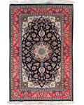 Tappeto persiano Esfahan misto seta 172x110 cm blu scuro e rosso con medaglione centrale
