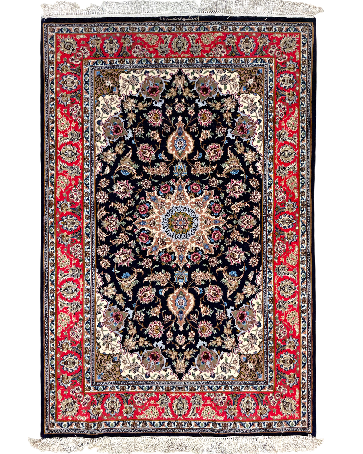 Tappeto persiano Esfahan misto seta 172x110 cm blu scuro e rosso con medaglione centrale