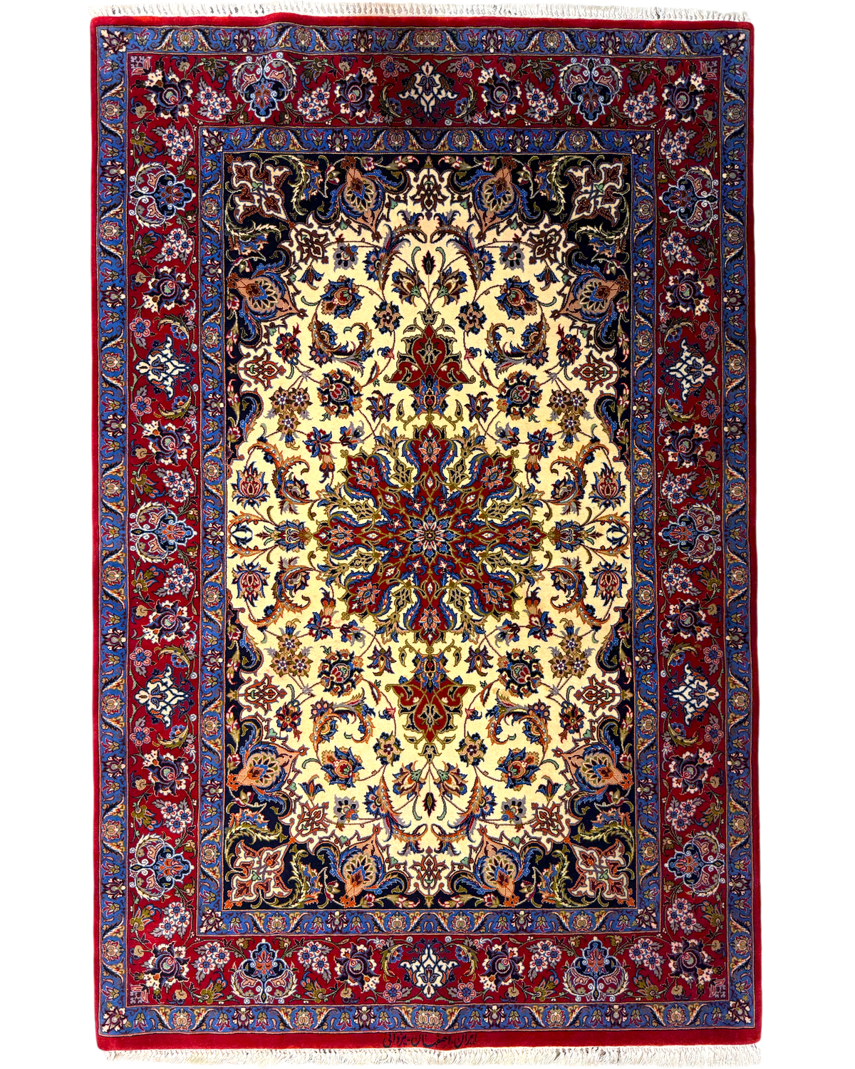 Tappeto persiano Esfahan misto seta 172x113 cm rosso e crema con medaglione floreale