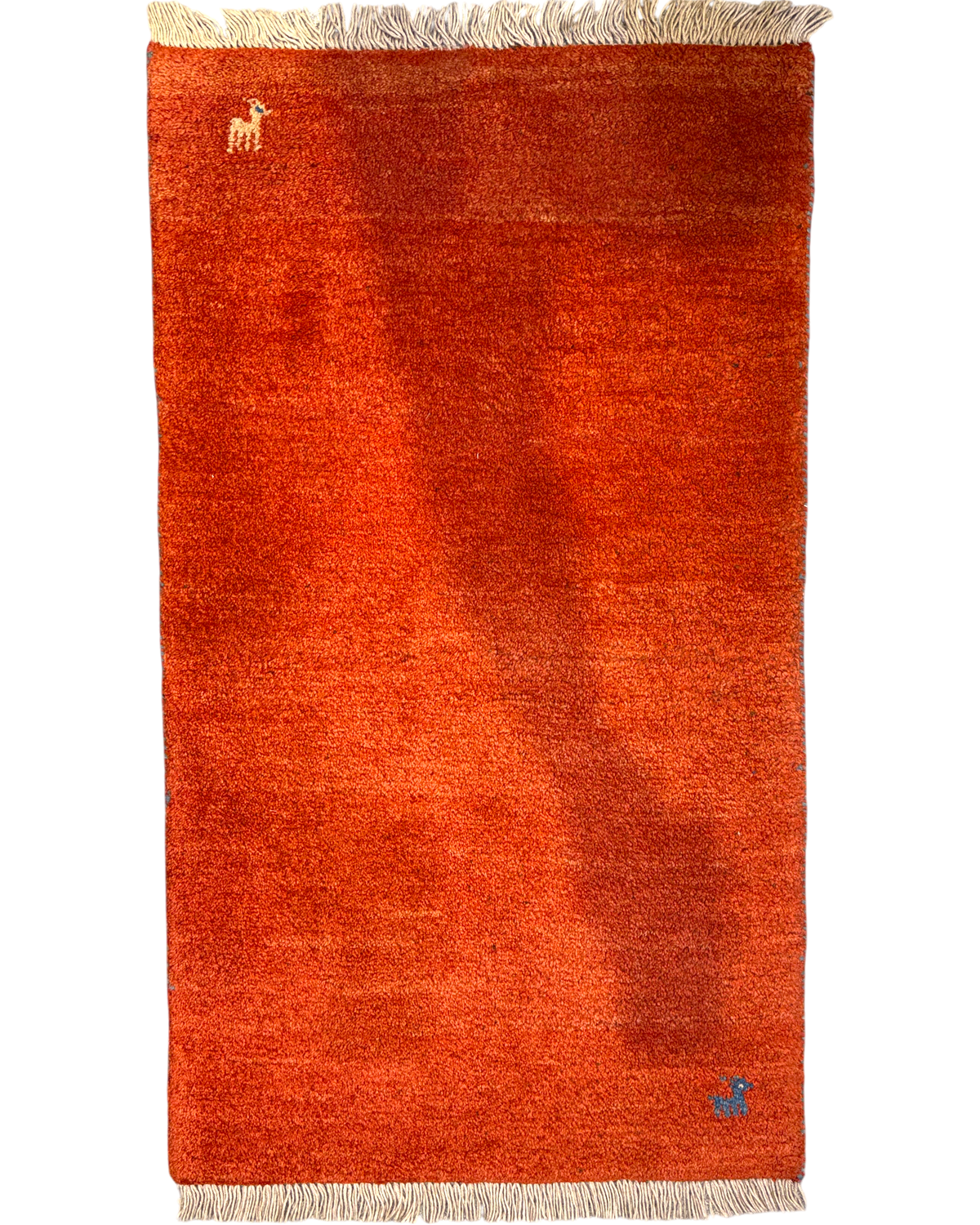 Tappeto persiano Gabbeh arancione 124x70 cm con motivi animali