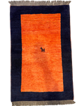 Tappeto persiano Gabbeh 125x82 cm arancione e blu con motivo animale