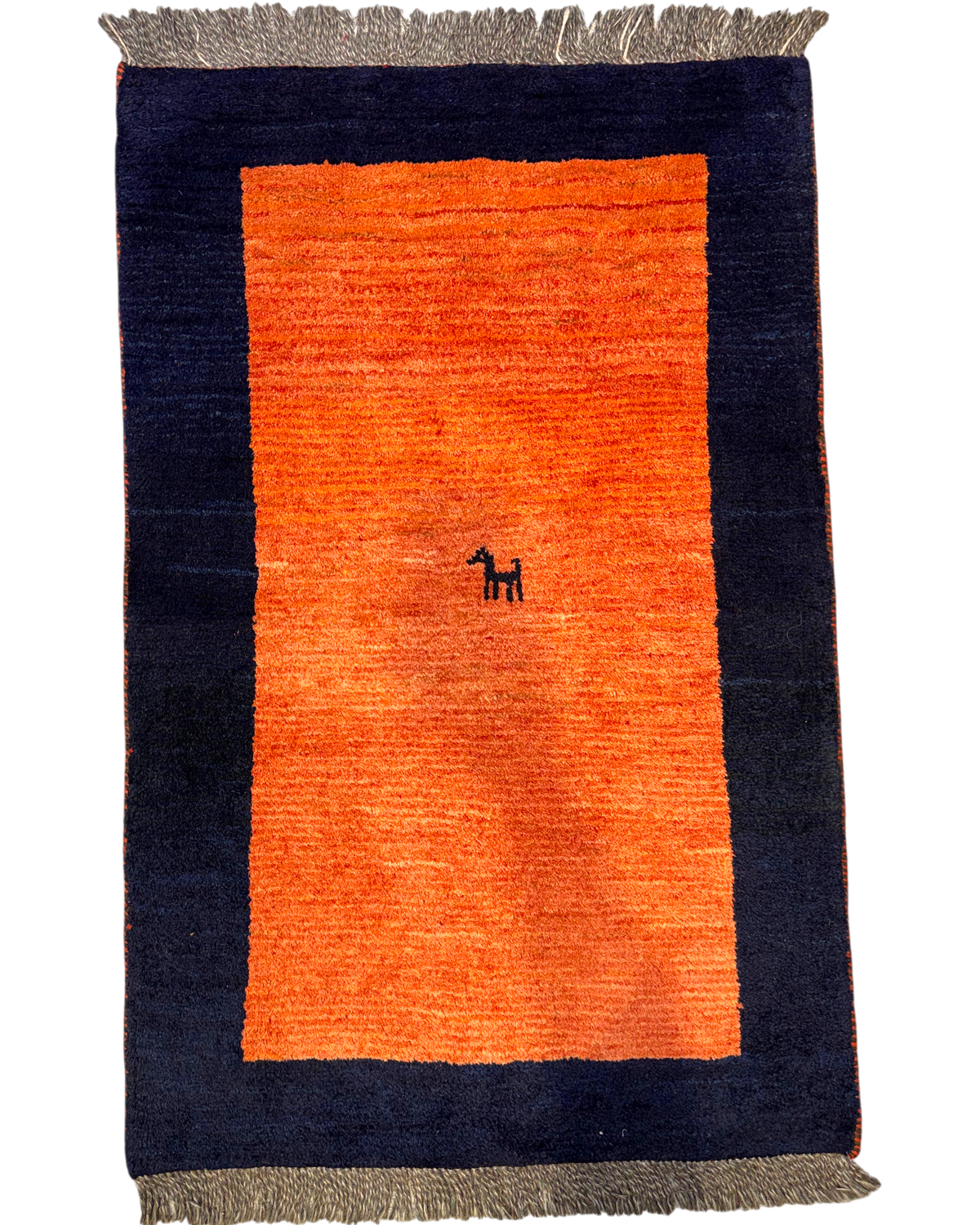 Tappeto persiano Gabbeh 125x82 cm arancione e blu con motivo animale