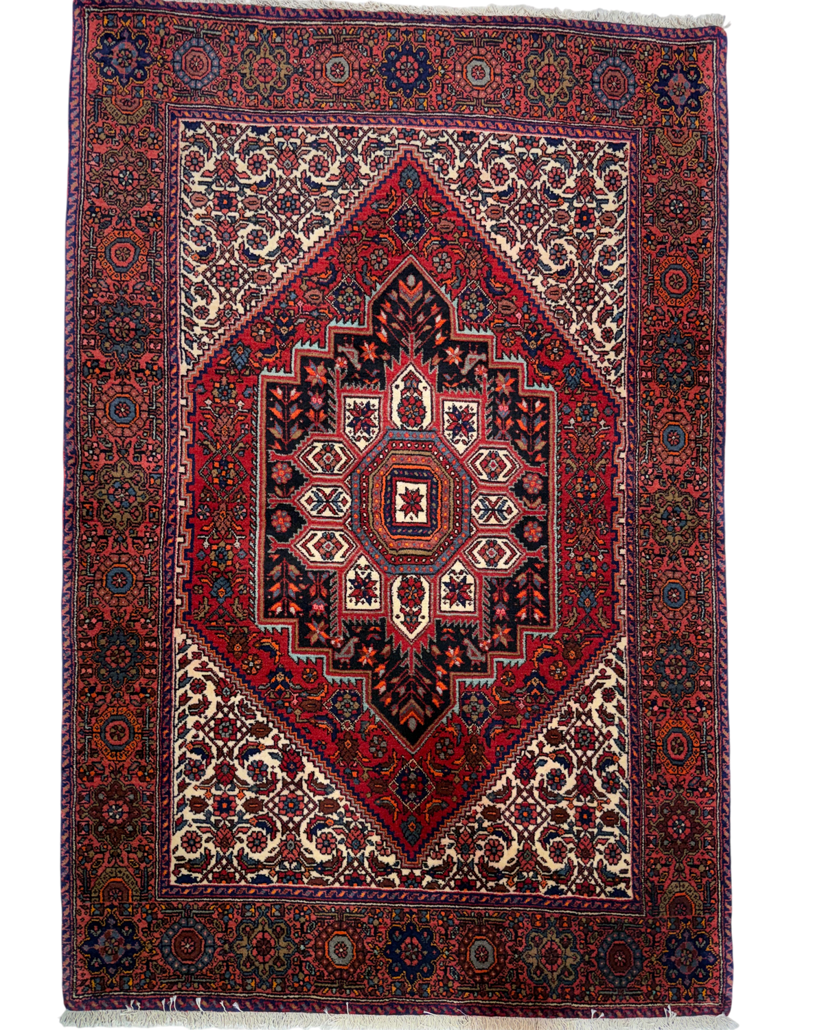 Tappeto persiano Goltogh 152x100 cm rosso e blu con medaglione geometrico