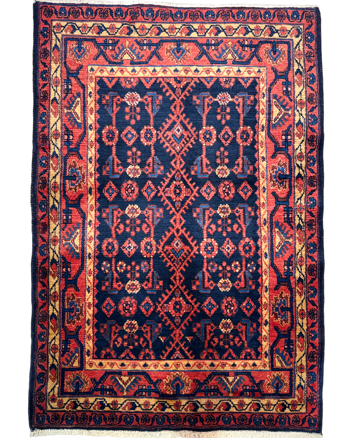 Tappeto persiano Hamedan 161x110 cm blu scuro con motivi geometrici