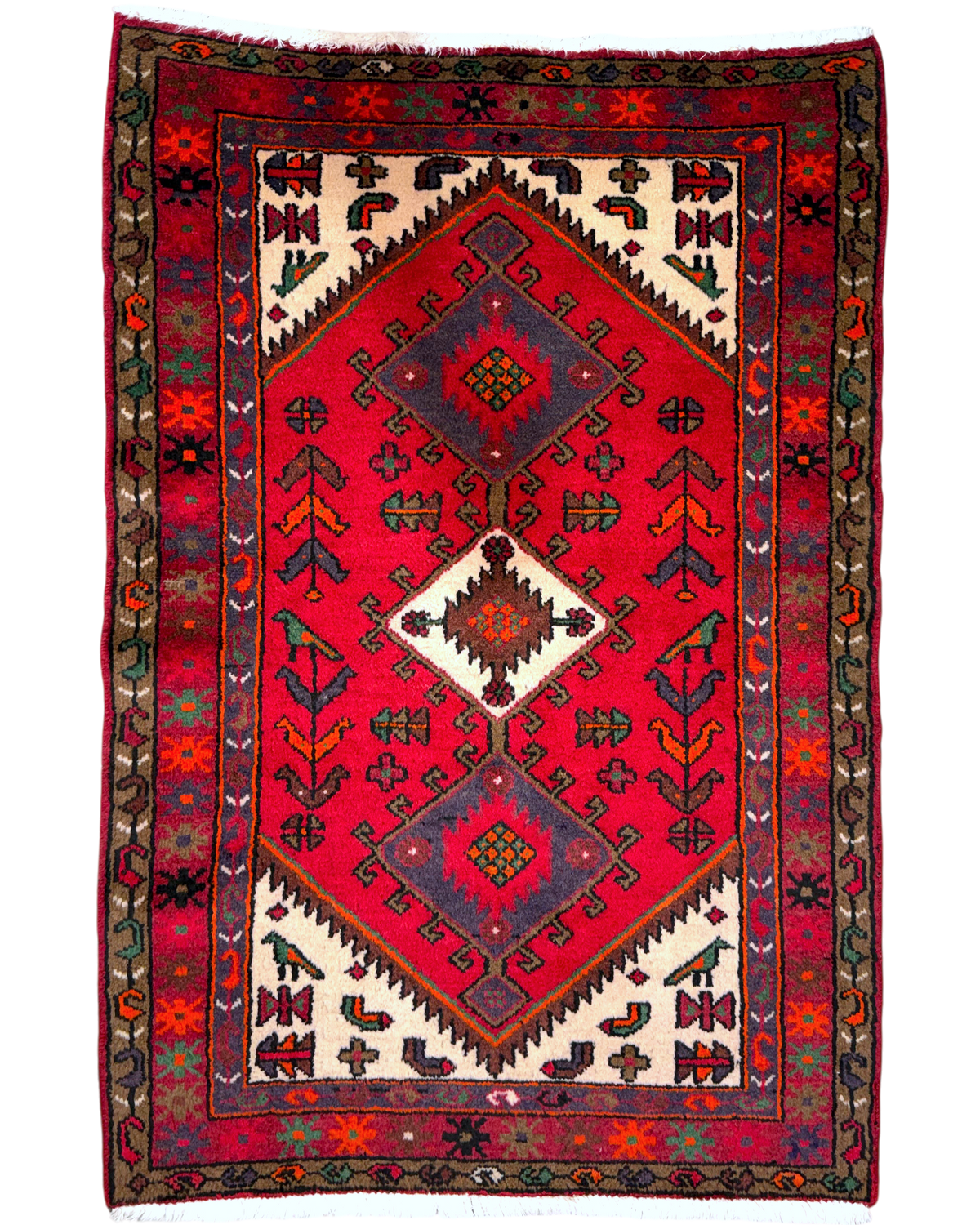 Tappeto persiano Hamedan 140x93 cm rosso con medaglioni geometrici
