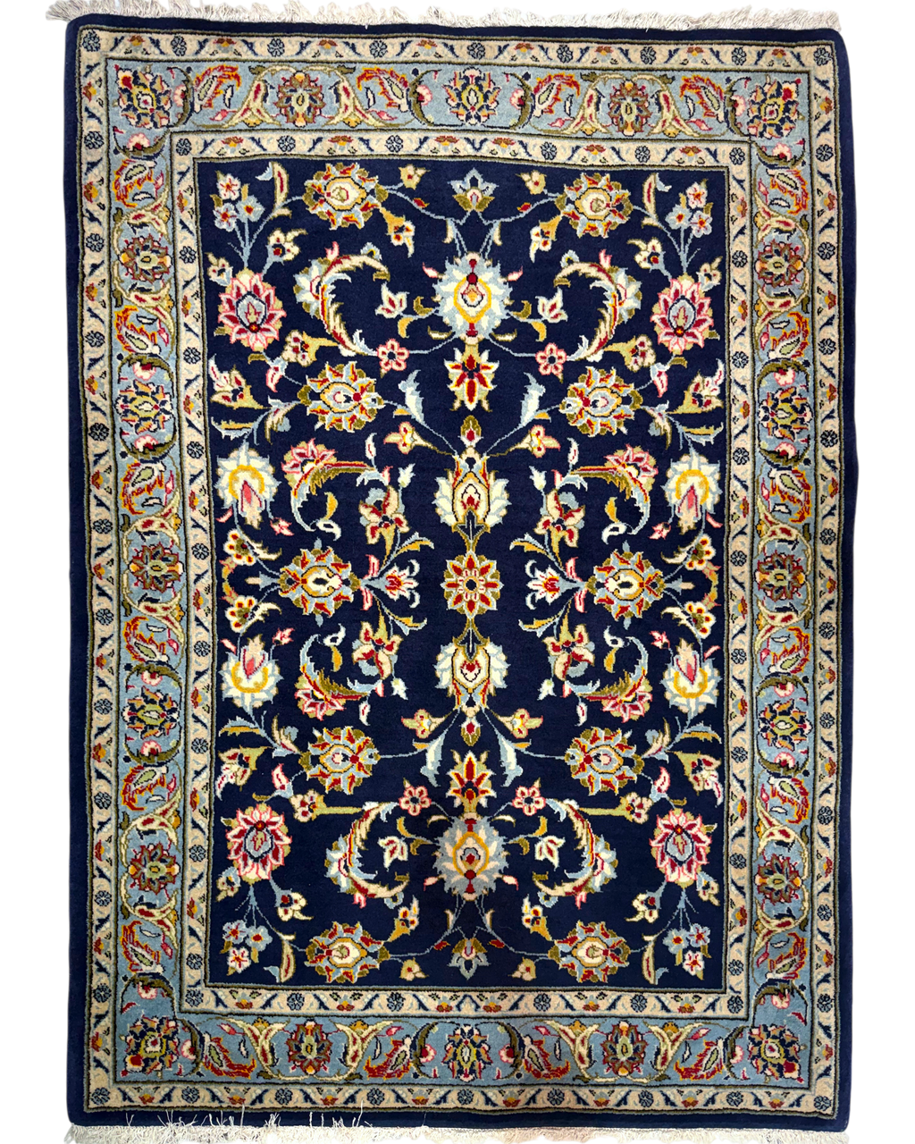 Tappeto persiano Kashan 151x109 cm blu con decorazione floreale