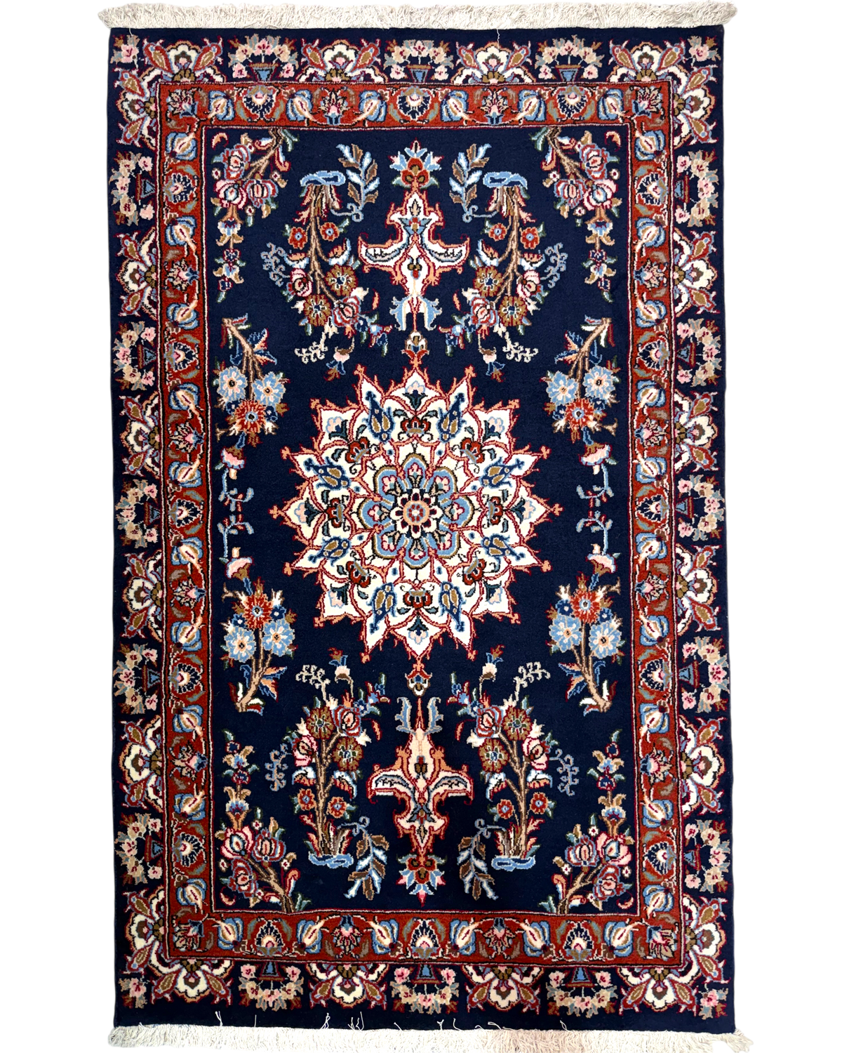 Tappeto persiano Kashan 151x96 cm blu con medaglione floreale centrale