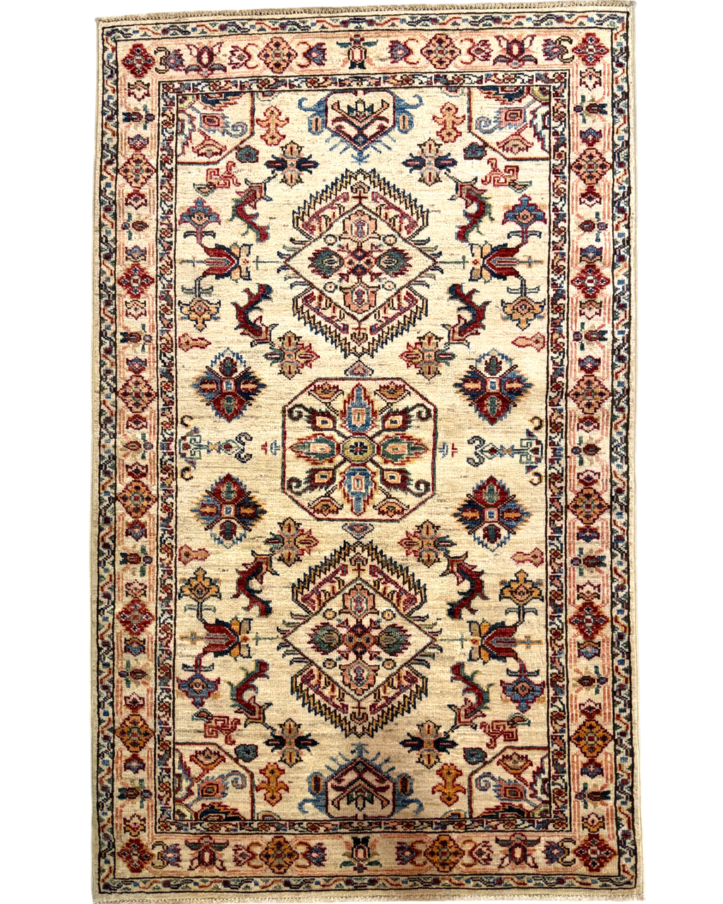 Tappeto Kazak 156x97 cm avorio con medaglioni geometrici policromi