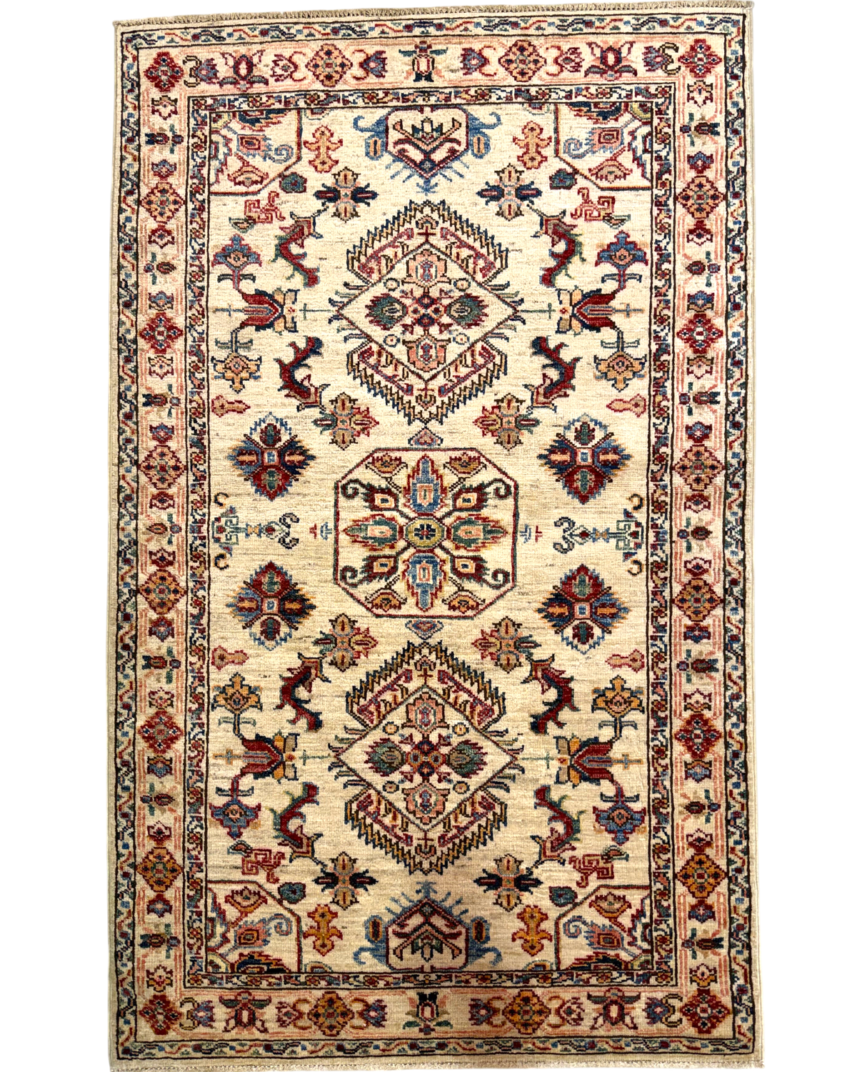 Tappeto Kazak 156x97 cm avorio con medaglioni geometrici policromi