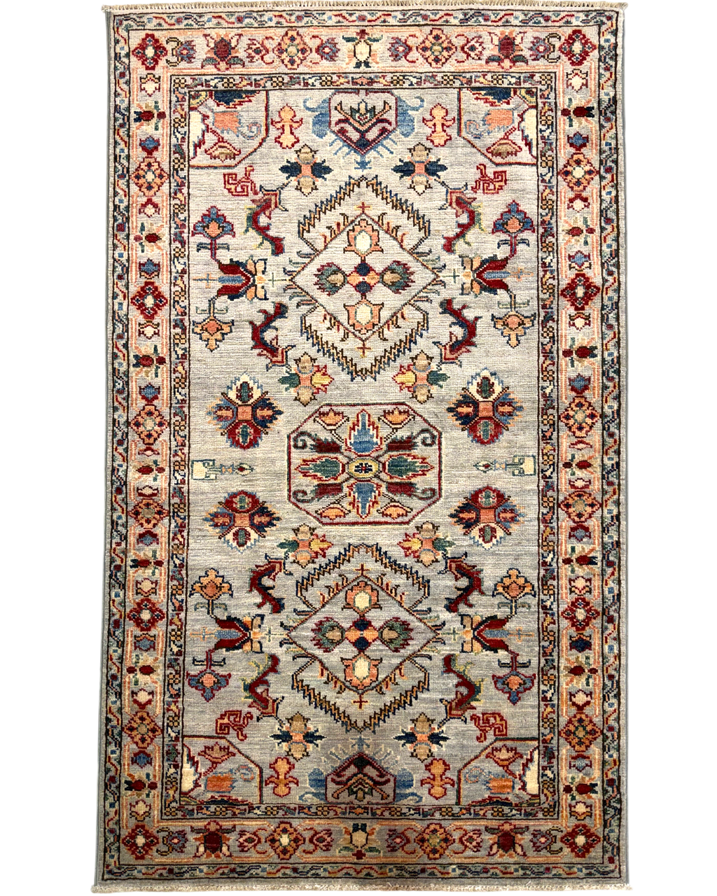 Tappeto Kazak 151x90 cm azzurro con medaglioni geometrici policromi
