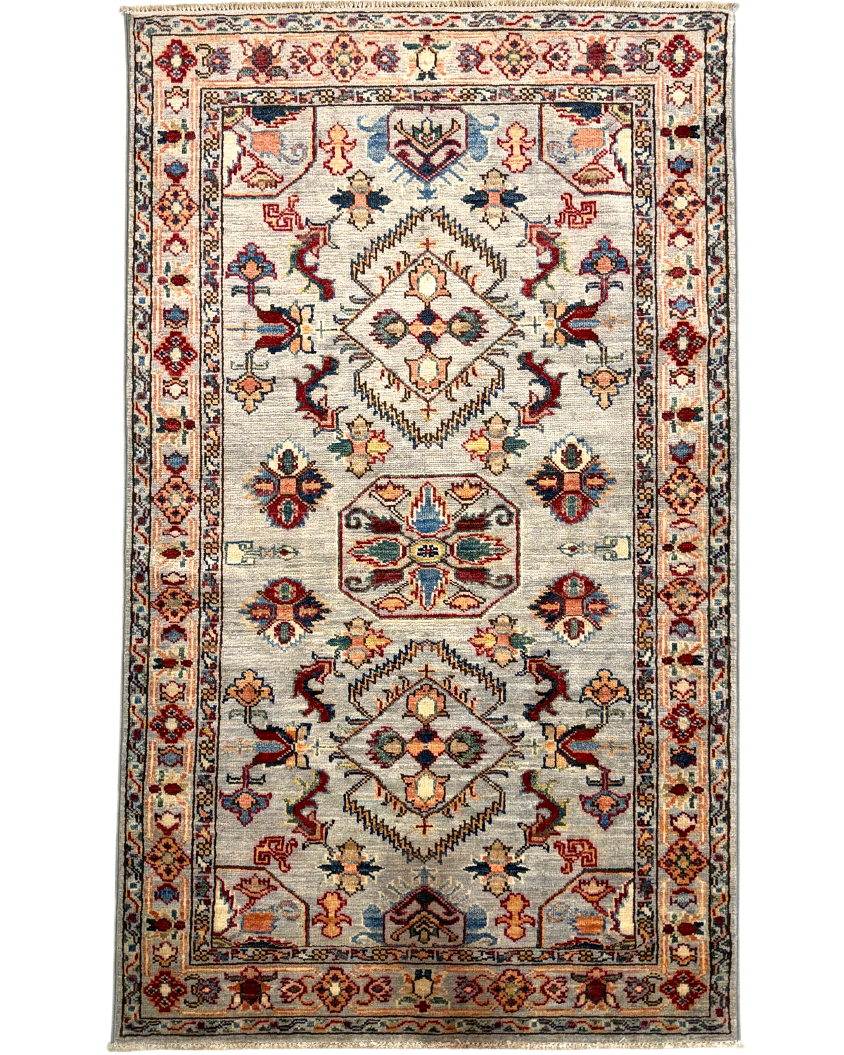 Tappeto Kazak 151x90 cm azzurro con medaglioni geometrici policromi