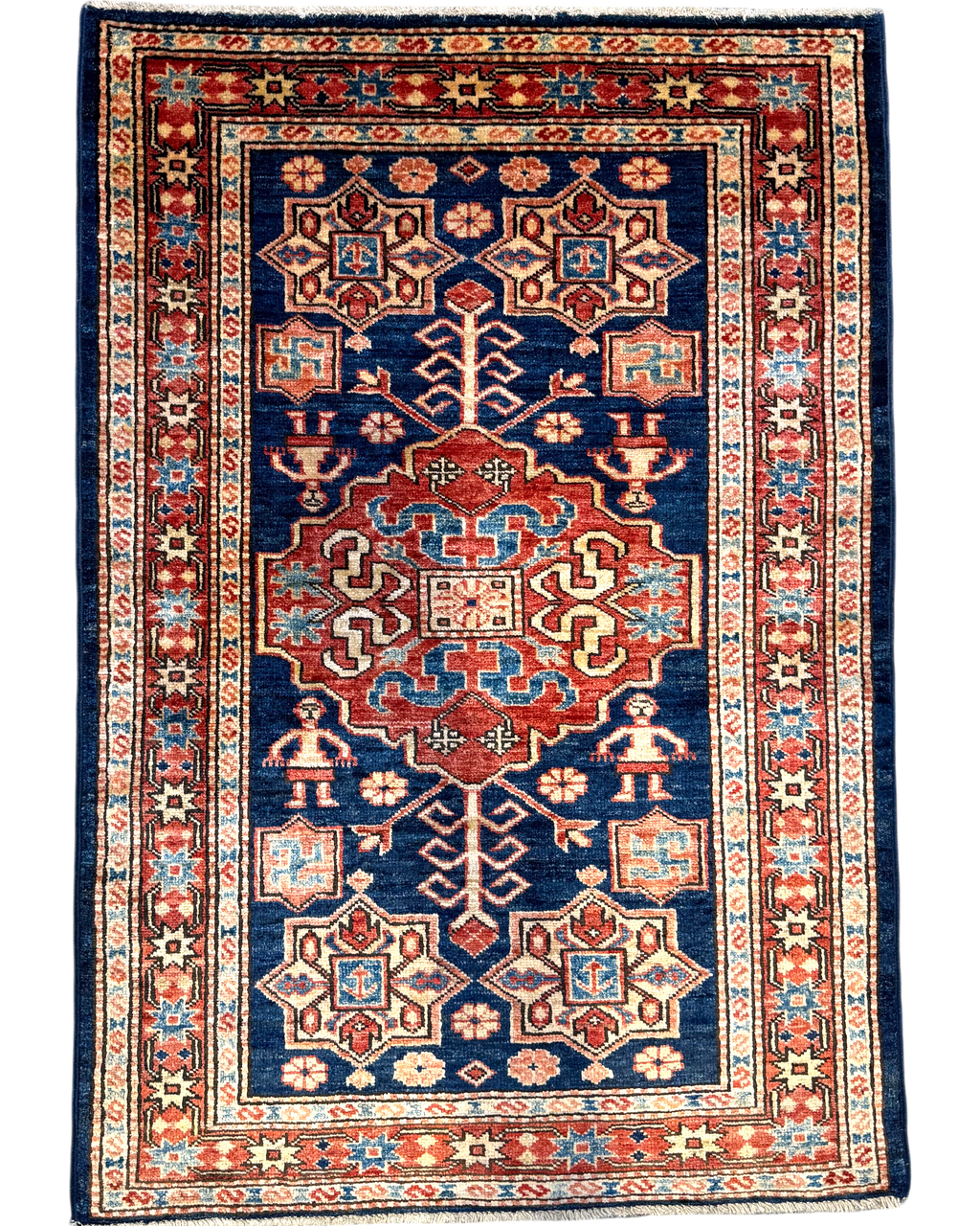 Tappeto Kazak 116x80 cm blu con medaglione geometrico rosso
