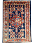 Tappeto Kazak 116x80 cm blu con medaglione geometrico rosso