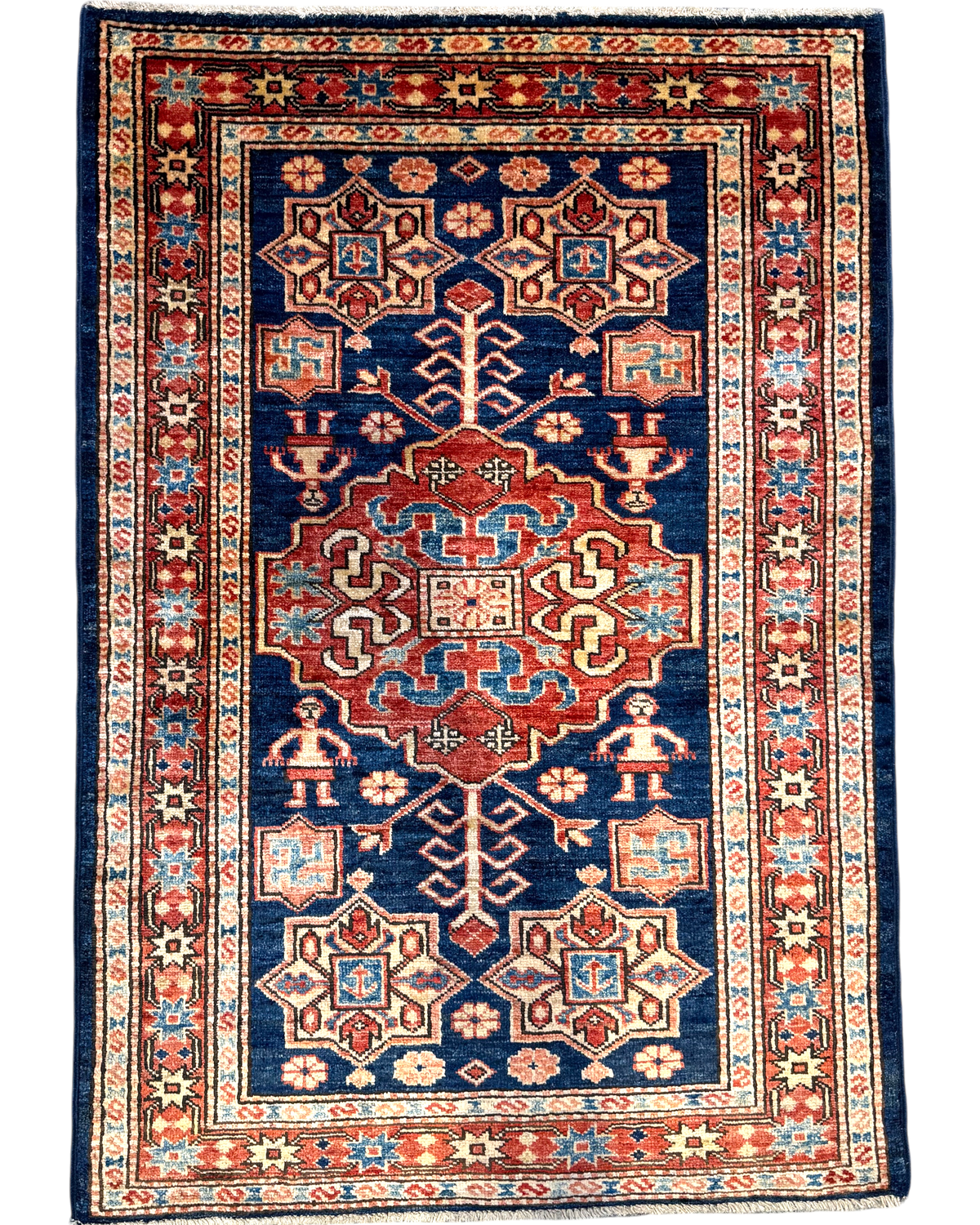 Tappeto Kazak 116x80 cm blu con medaglione geometrico rosso