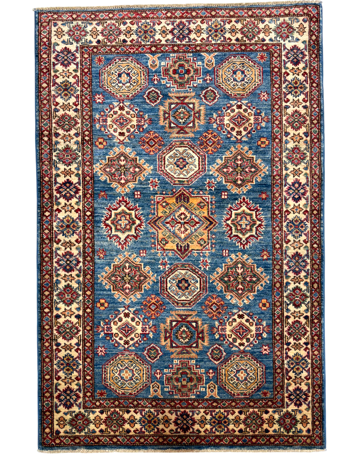 Tappeto Kazak 150x98 cm blu con medaglioni geometrici policromi