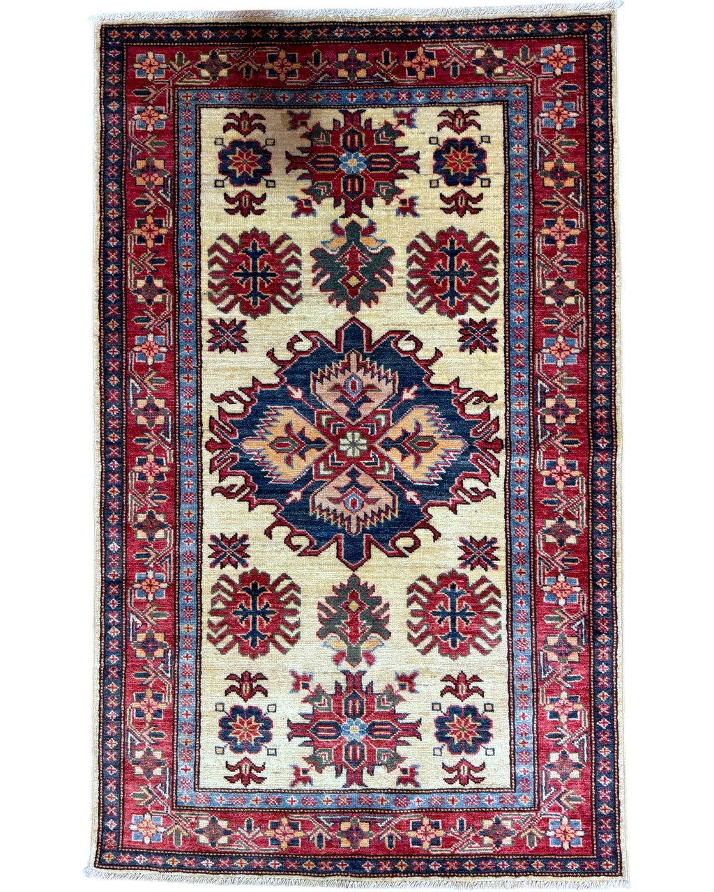 Tappeto Kazak 146x92 cm crema con medaglione geometrico blu