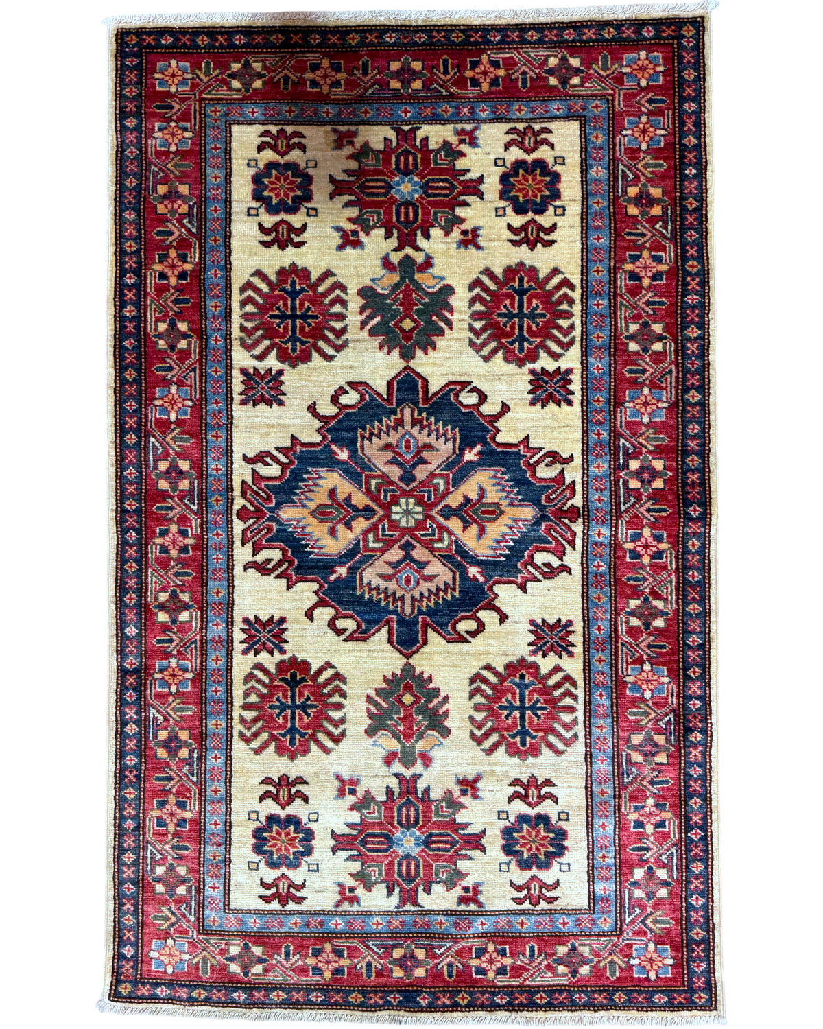 Tappeto Kazak 146x92 cm crema con medaglione geometrico blu