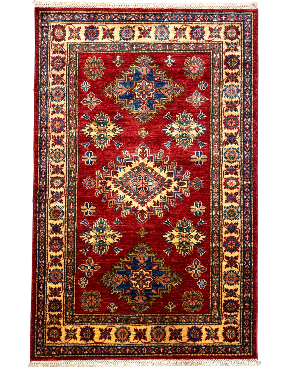 Tappeto Kazak 141x91 cm rosso con medaglioni geometrici policromi