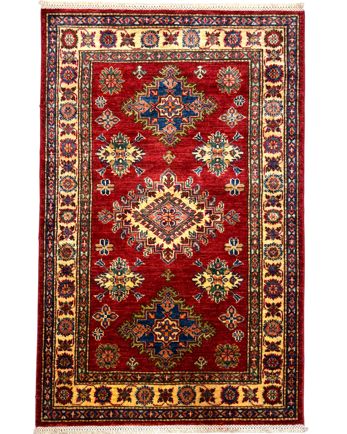 Tappeto Kazak 141x91 cm rosso con medaglioni geometrici policromi