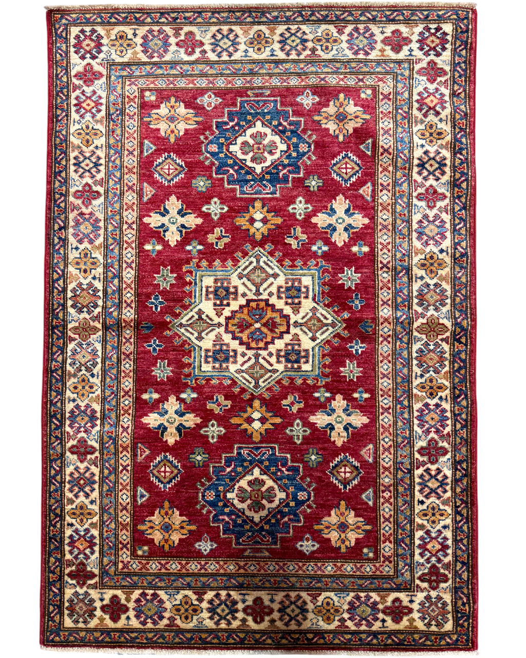 Tappeto Kazak 148x99 cm rosso con tre medaglioni geometrici
