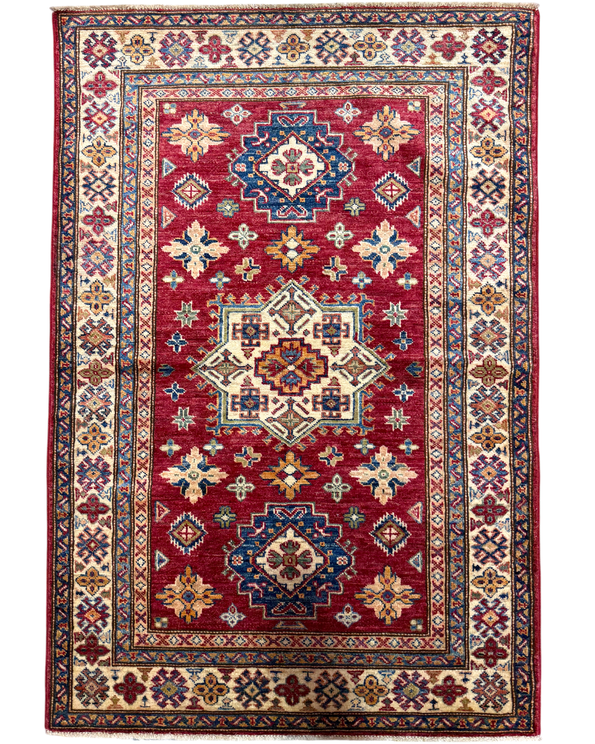 Tappeto Kazak 148x99 cm rosso con tre medaglioni geometrici