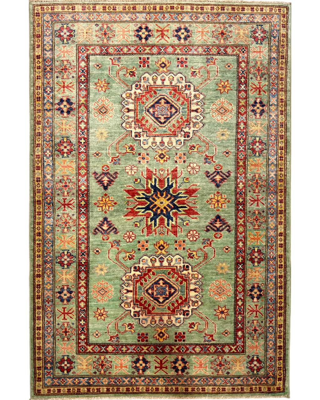 Tappeto Kazak 153x100 cm verde acqua con medaglioni geometrici