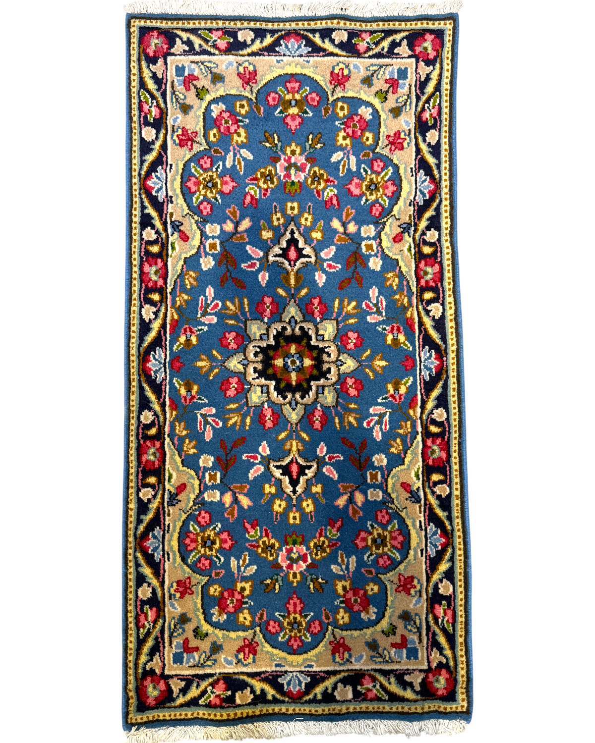 Tappeto persiano Kerman Raver 130x60 cm azzurro con motivi floreali