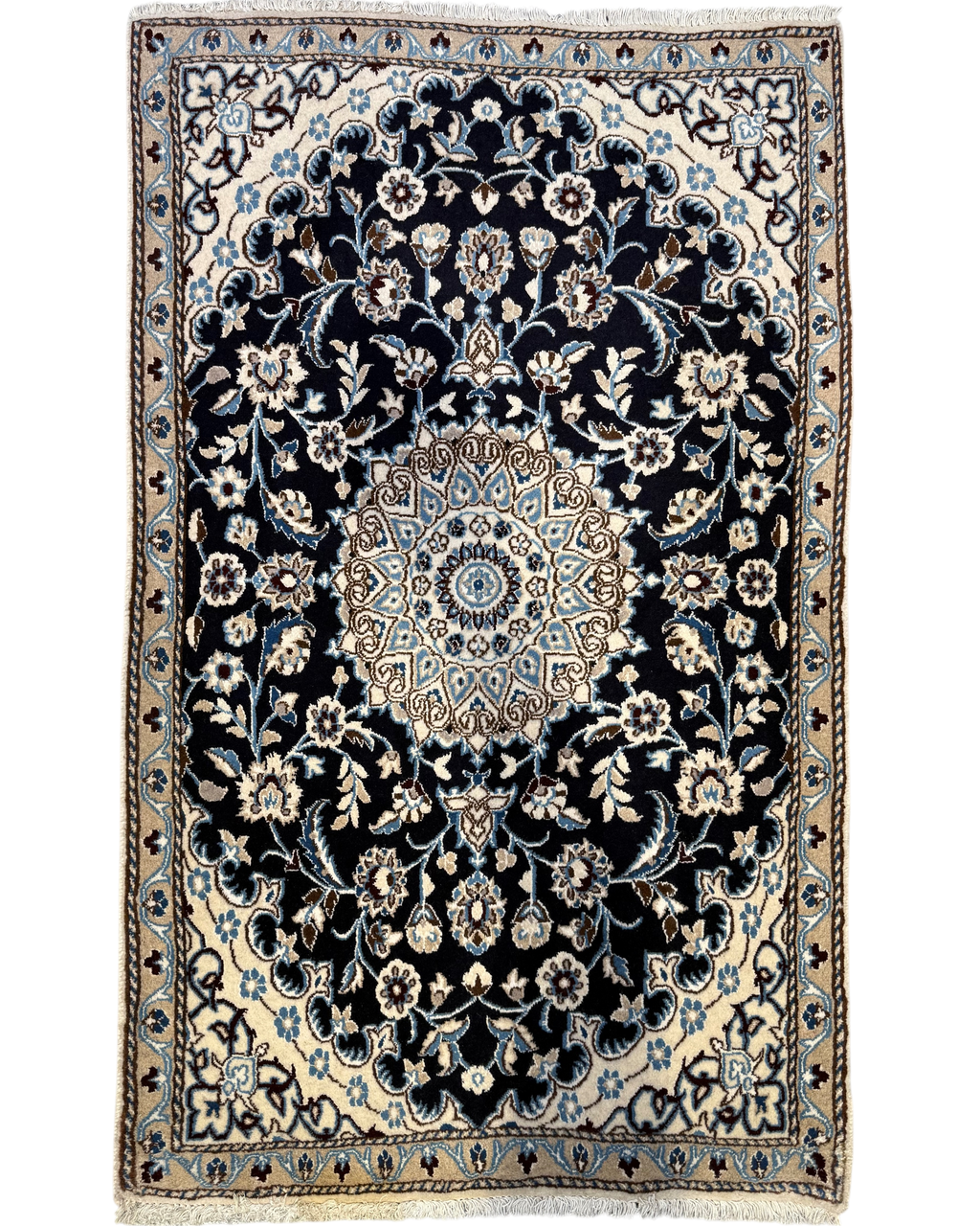 Tappeto persiano Nain misto seta 142x87 cm blu con medaglione
