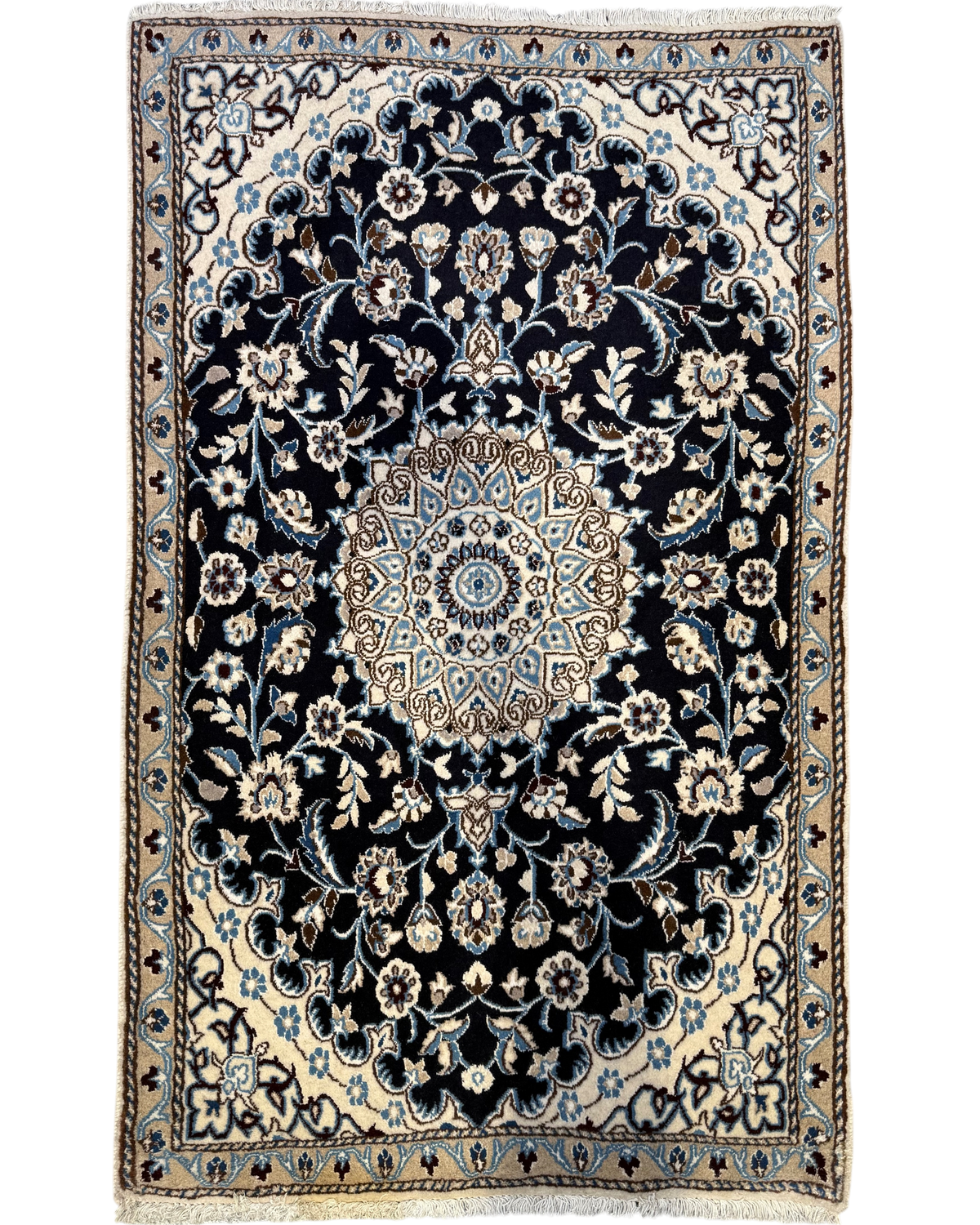 Tappeto persiano Nain misto seta 142x87 cm blu con medaglione