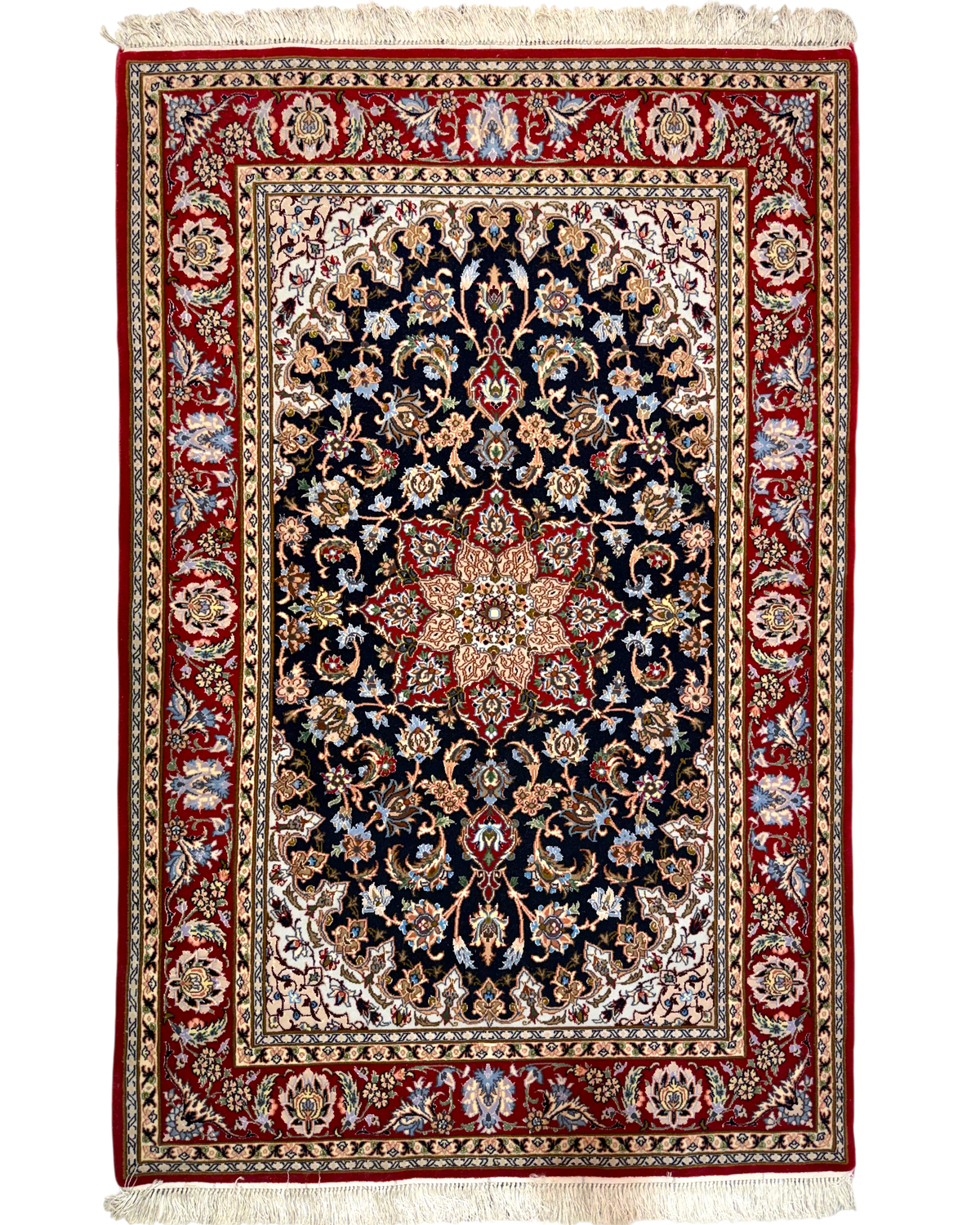 Tappeto persiano Esfahan misto seta 178x110 cm blu con medaglione floreale