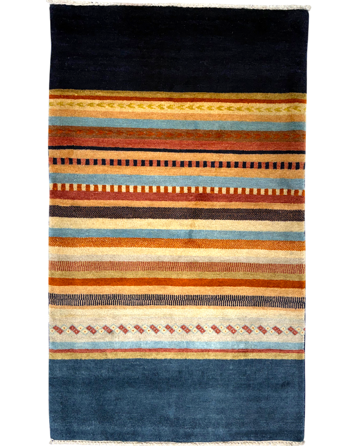 Tappeto persiano Gabbeh 154x92 cm blu con fasce orizzontali