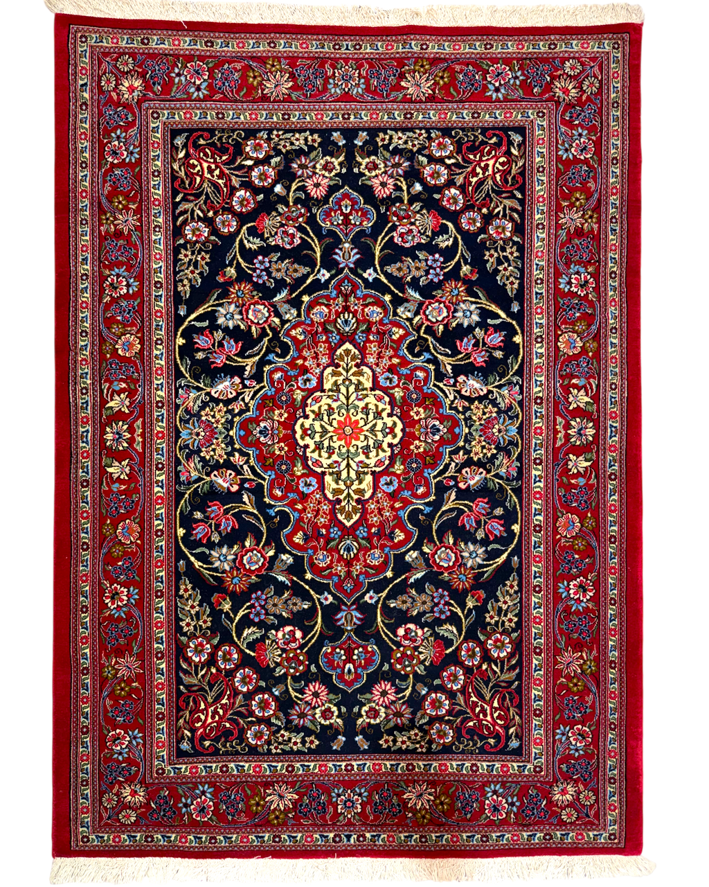 Tappeto persiano Qom Kork 150x106 cm rosso e blu con medaglione centrale