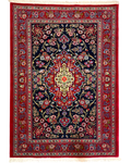 Tappeto persiano Qom Kork 150x106 cm rosso e blu con medaglione centrale