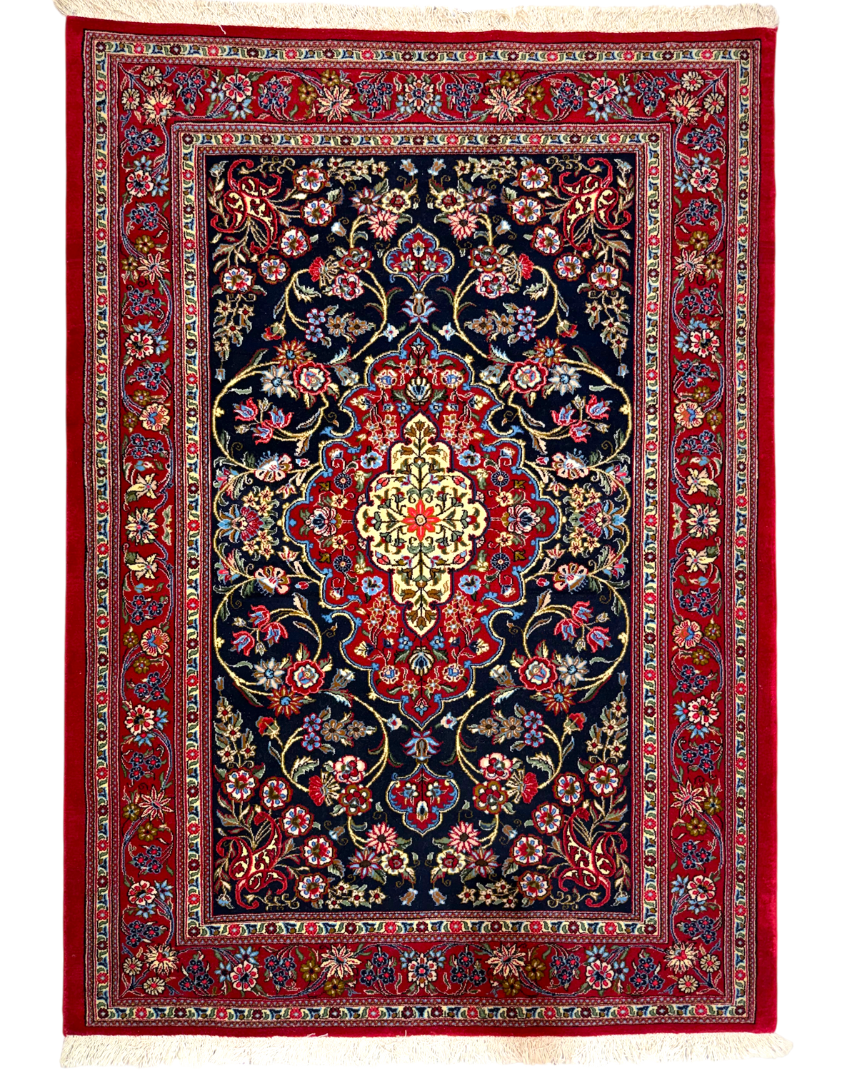 Tappeto persiano Qom Kork 150x106 cm rosso e blu con medaglione centrale