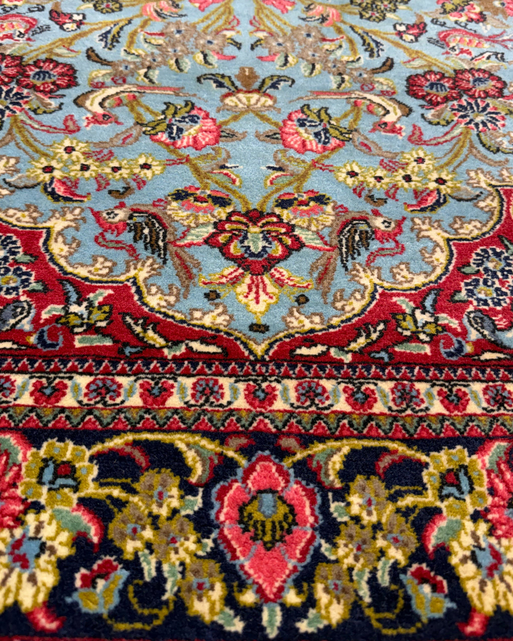 Tappeto persiano Qom 162x110 cm azzurro con motivi floreali