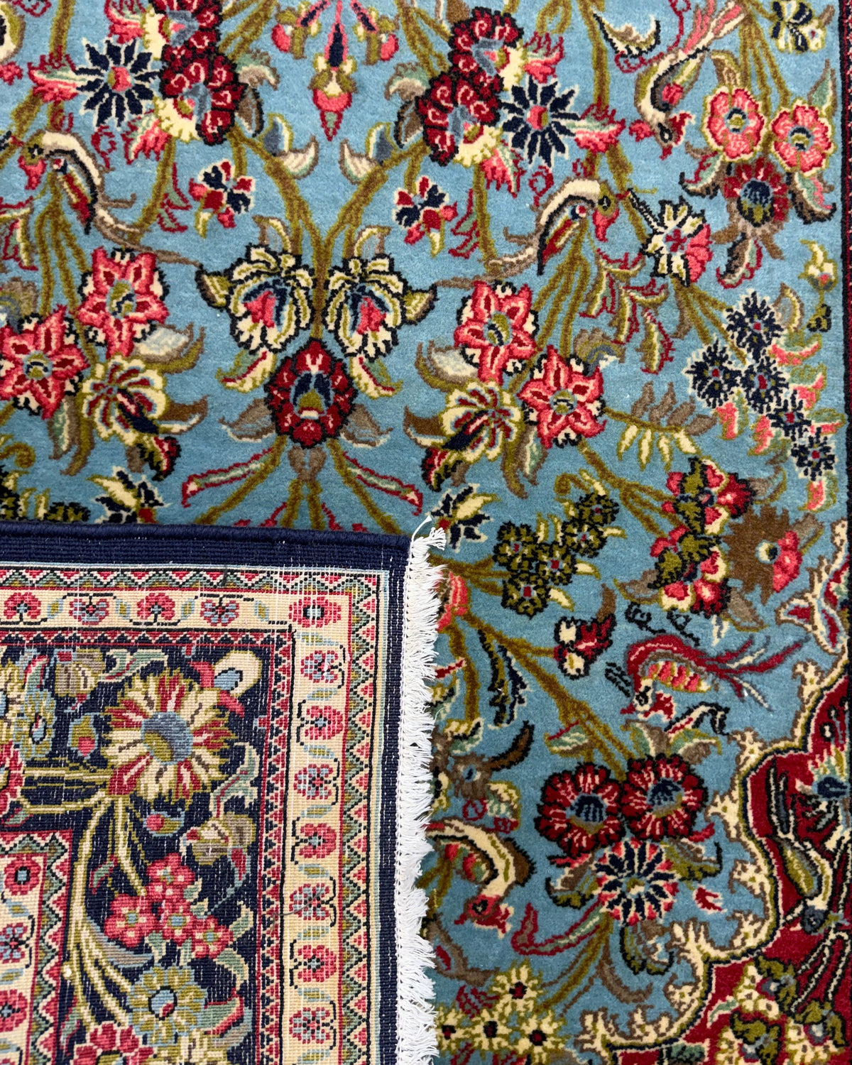 Tappeto persiano Qom 162x110 cm azzurro con motivi floreali