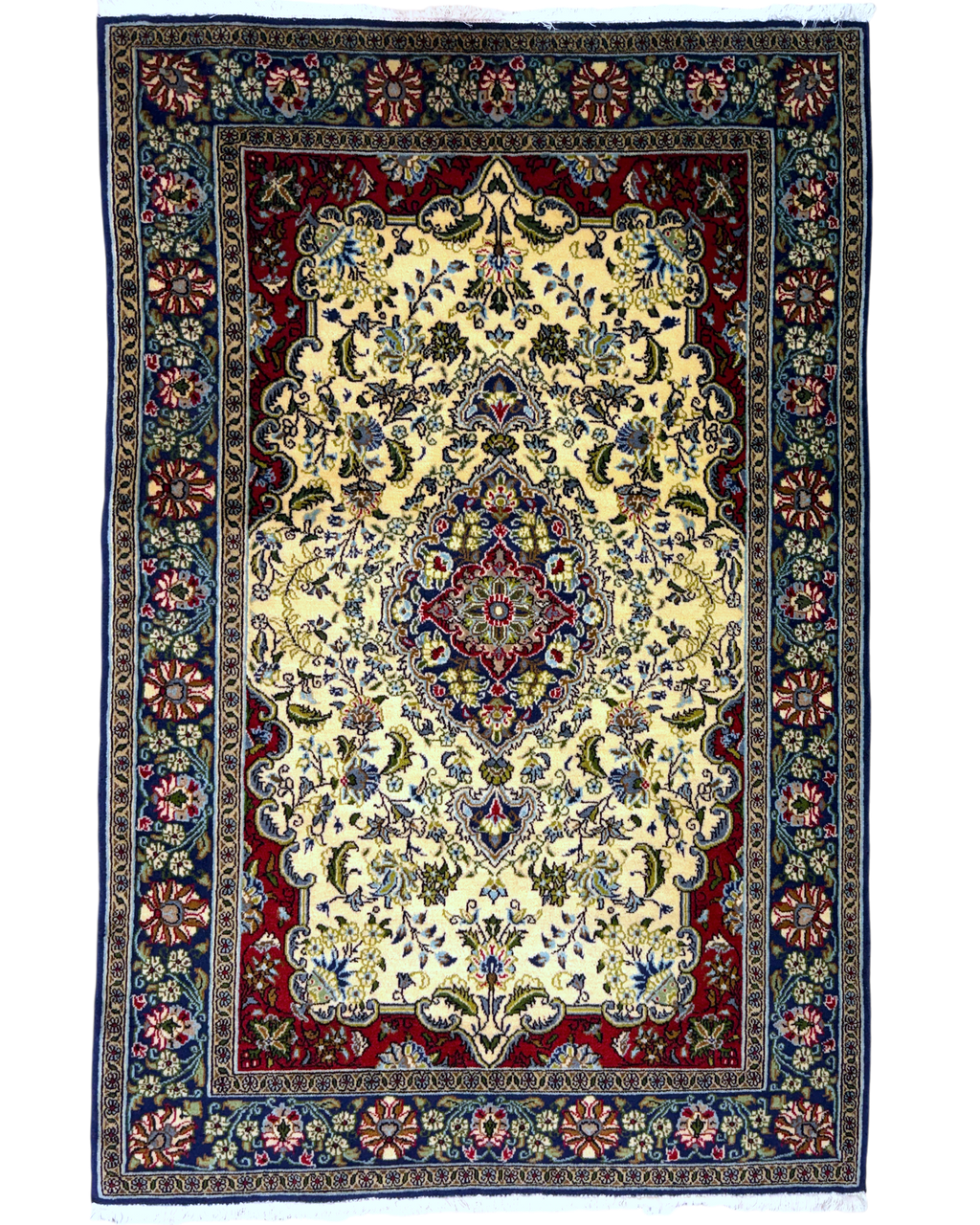 Tappeto persiano Qom 160x106 cm crema con medaglione floreale